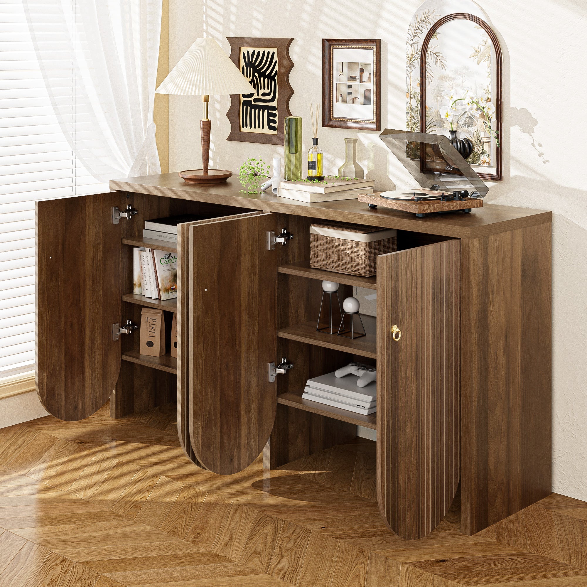 Sideboard Storage Cabinet 4 Doors Adjustable Shelves, Walnut Finish