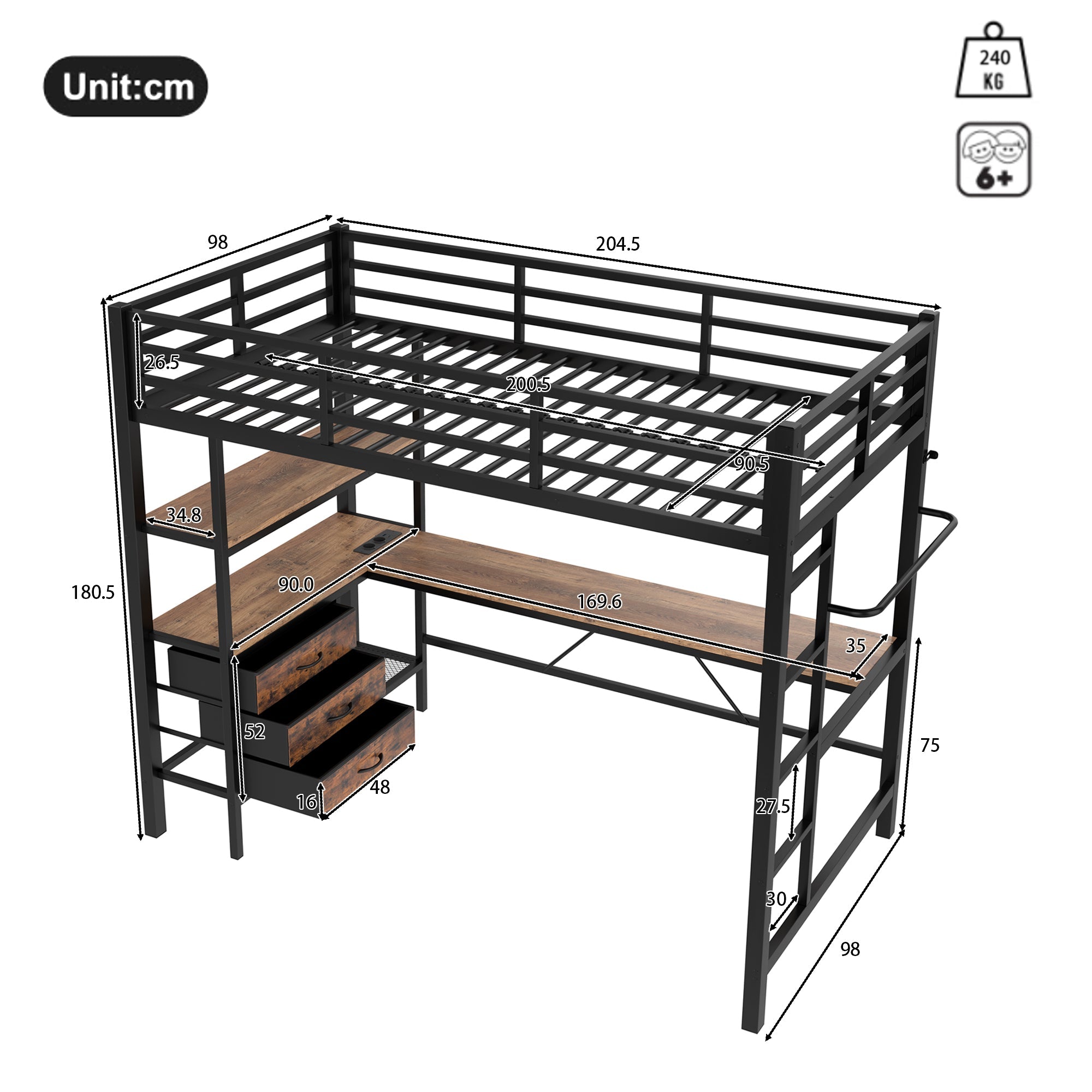 Loft Bed 90x200cm LED Lights, Desk, USB Port, 3 Drawers, Black