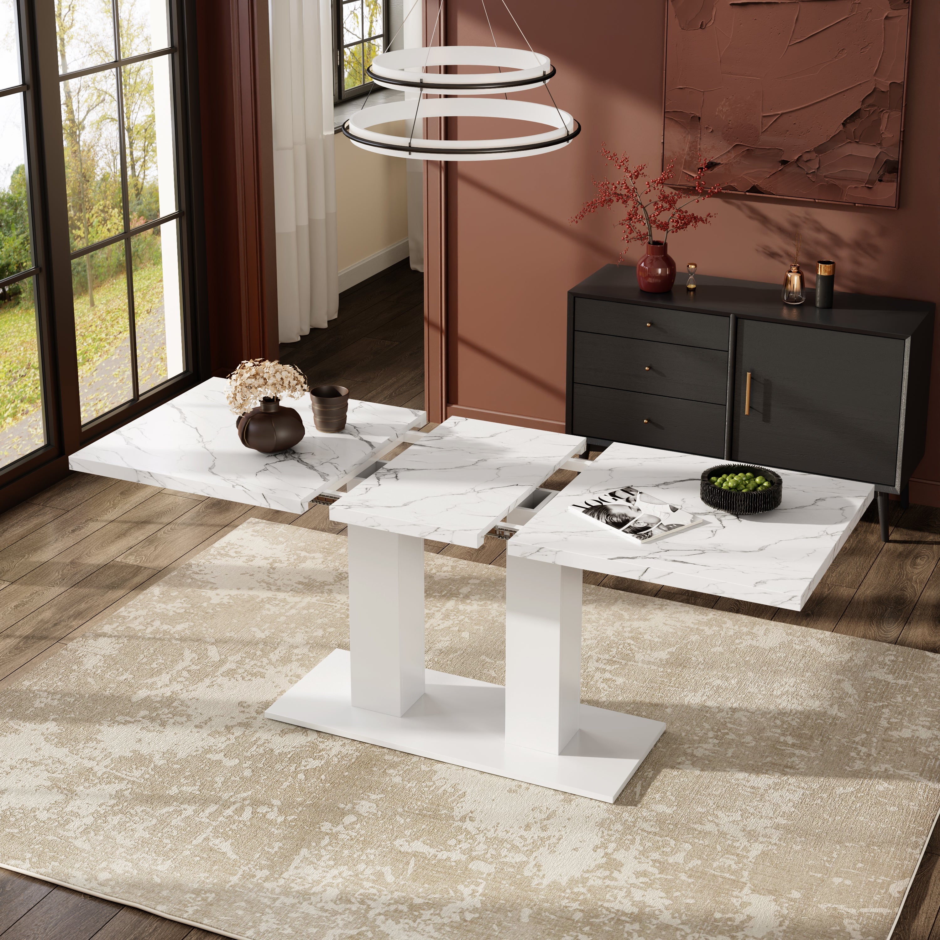 Extendable Dining Table, 140/180x70cm for 6-8 People, Rectangular Thickened Tabletop, White