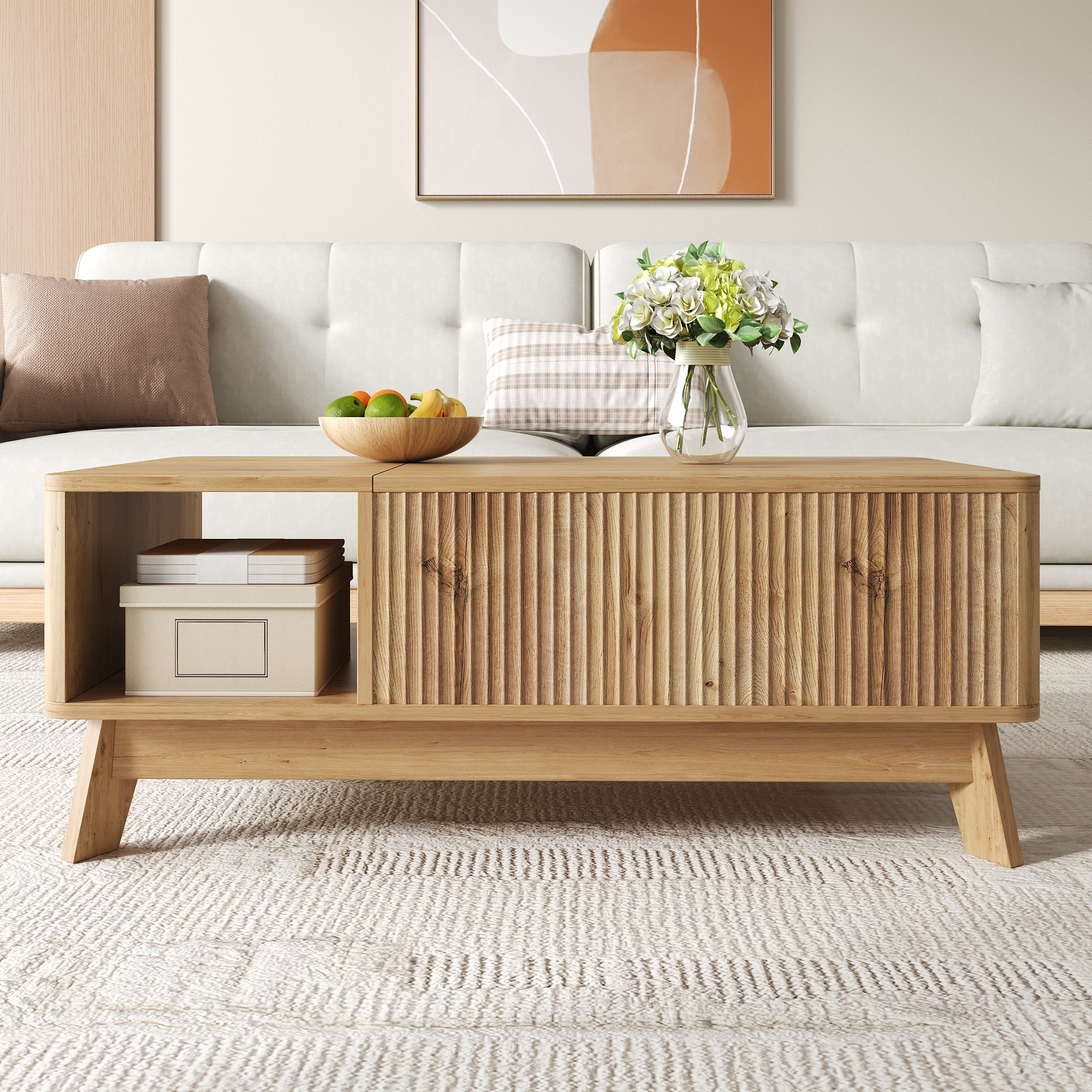 Coffee Table with Lifting Mechanism, Wave Design and Open Side Compartment, MDF Material