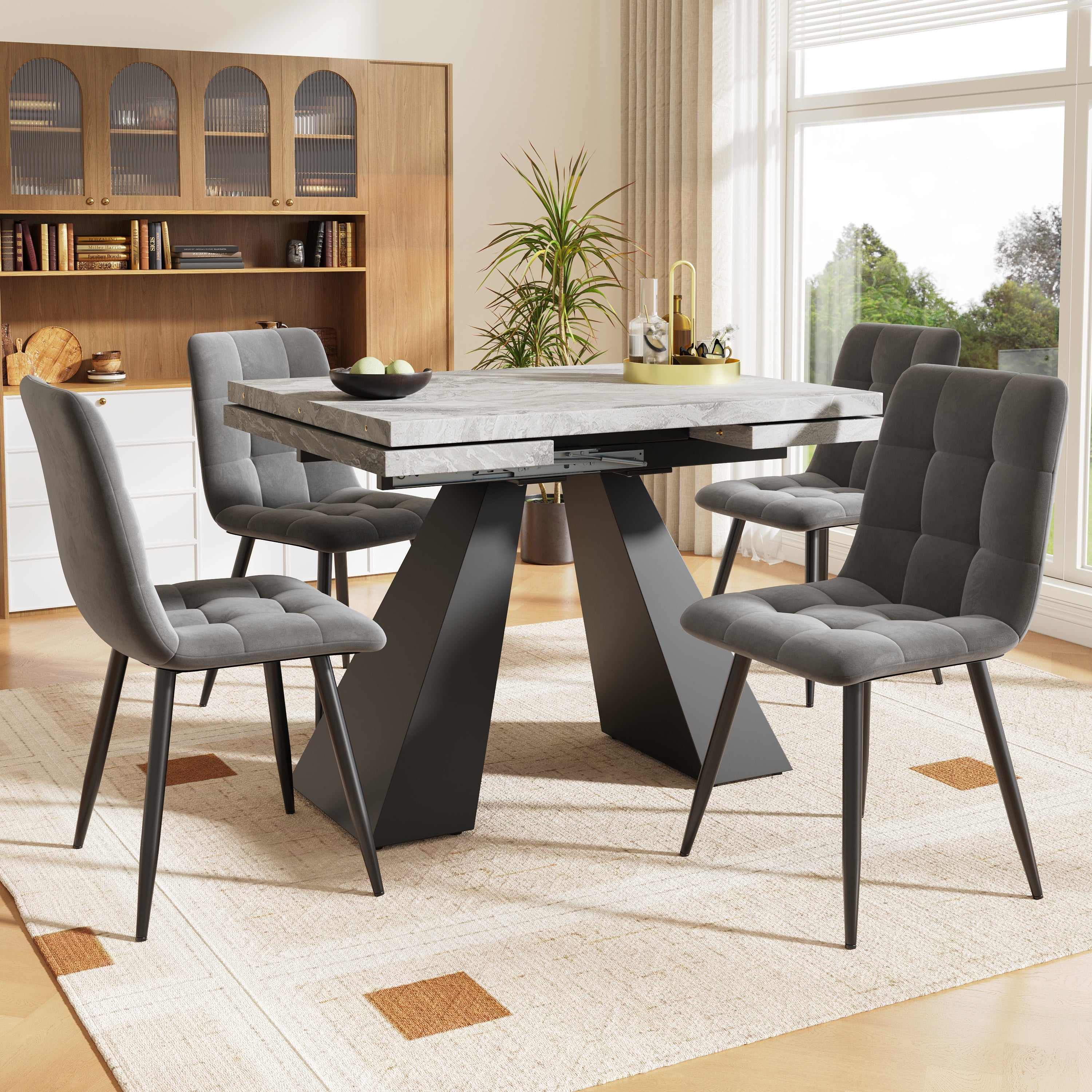 Dining Set 5-Piece Extendable 4-Seater Table Pedestal Legs + 4 Velvet Chairs - Grey