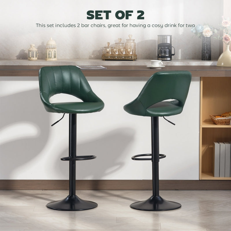 Set of Two Bar Stools Adjustable Height 360° Swivel Faux Leather Dark Green