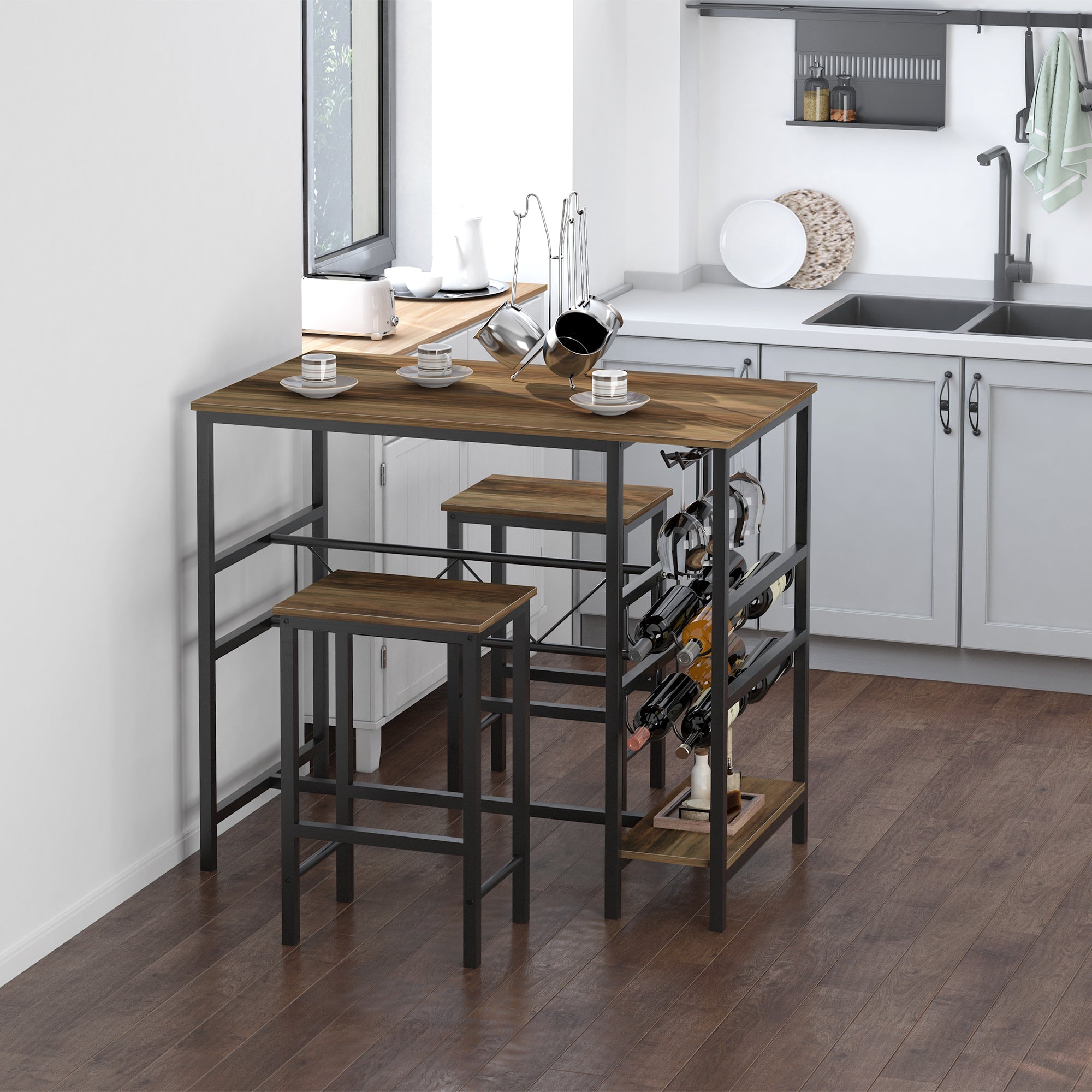 Bar Table Set, 3-Piece with 2 Stools, Steel, Natural and Black