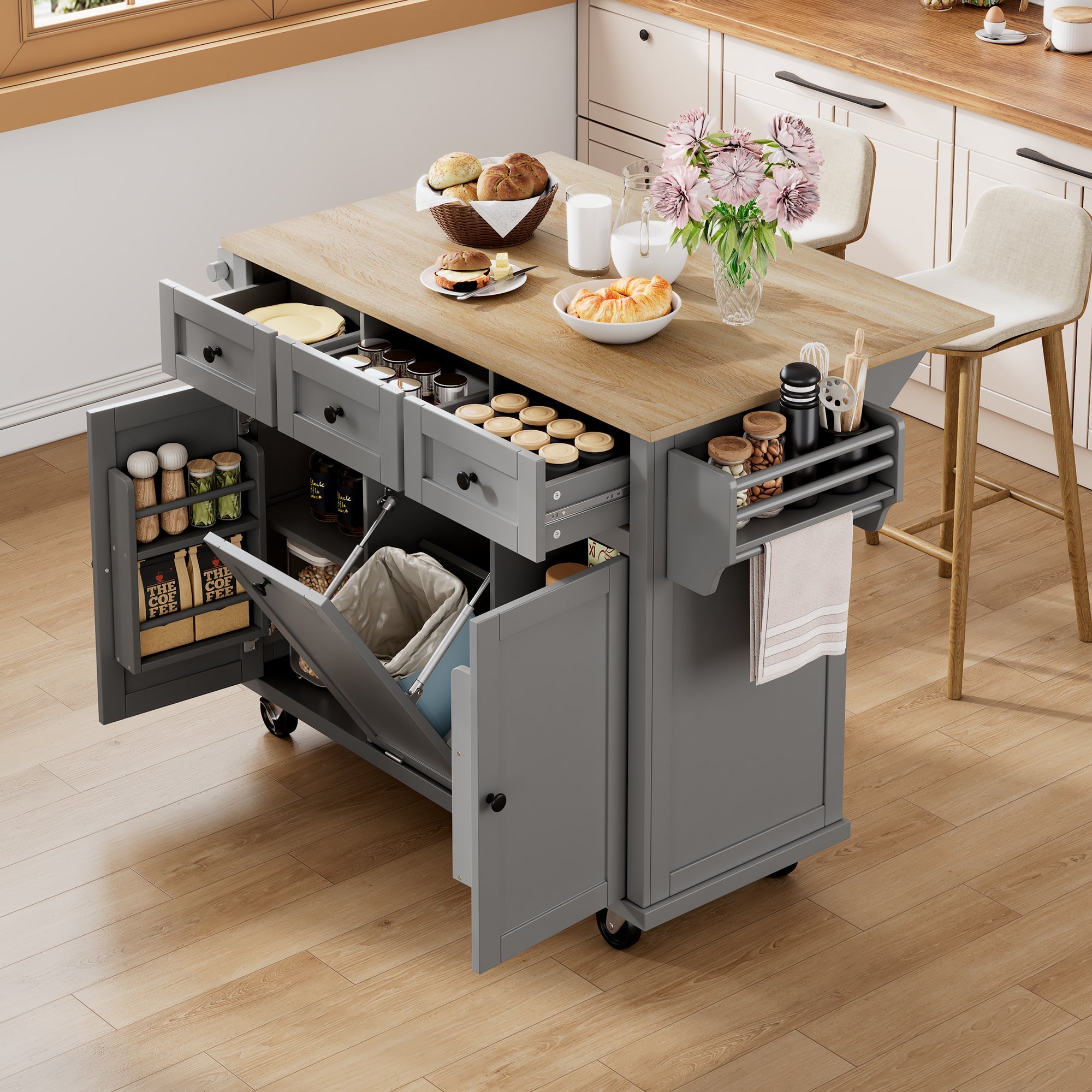 Kitchen Island with Wheels, Extendable Dining Area, Waste Bin & Drawers, Grey