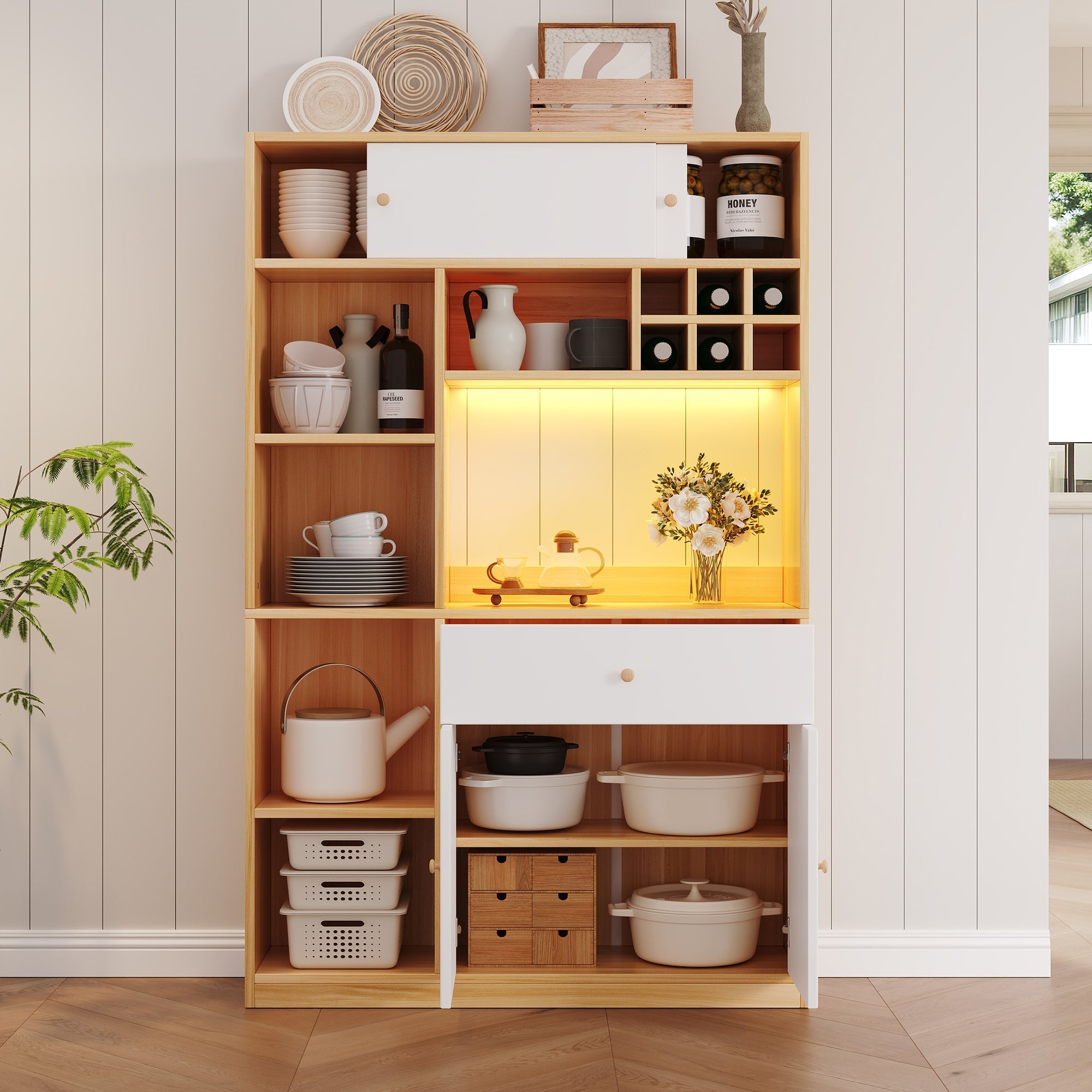 Kitchen Buffet Cabinet LED 1 Drawer 3 Doors Shelves 115x180cm