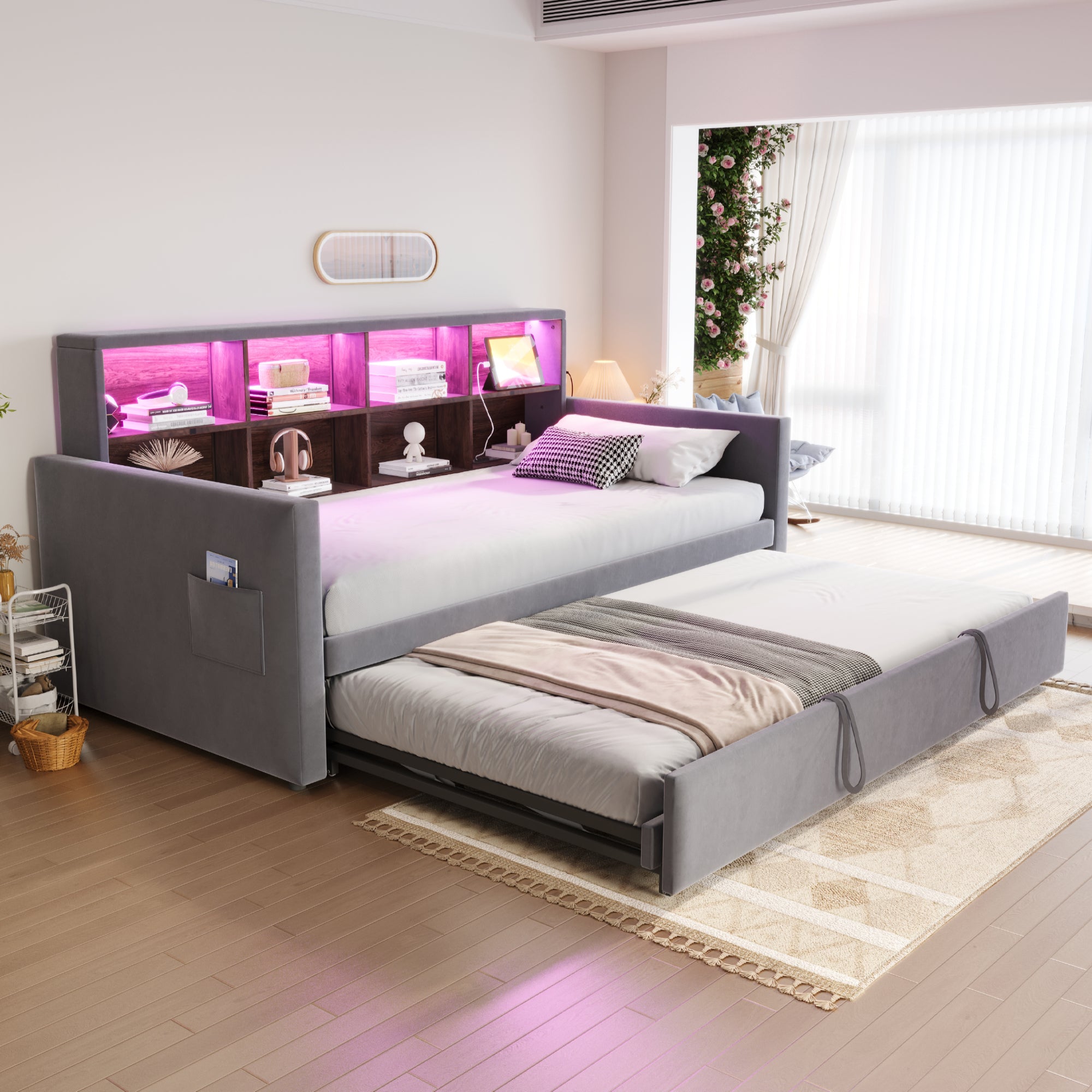 Upholstered Sofa Bed 90x190cm with Storage Headboard, LED Lights and Charging Ports, Dark Grey Velvet