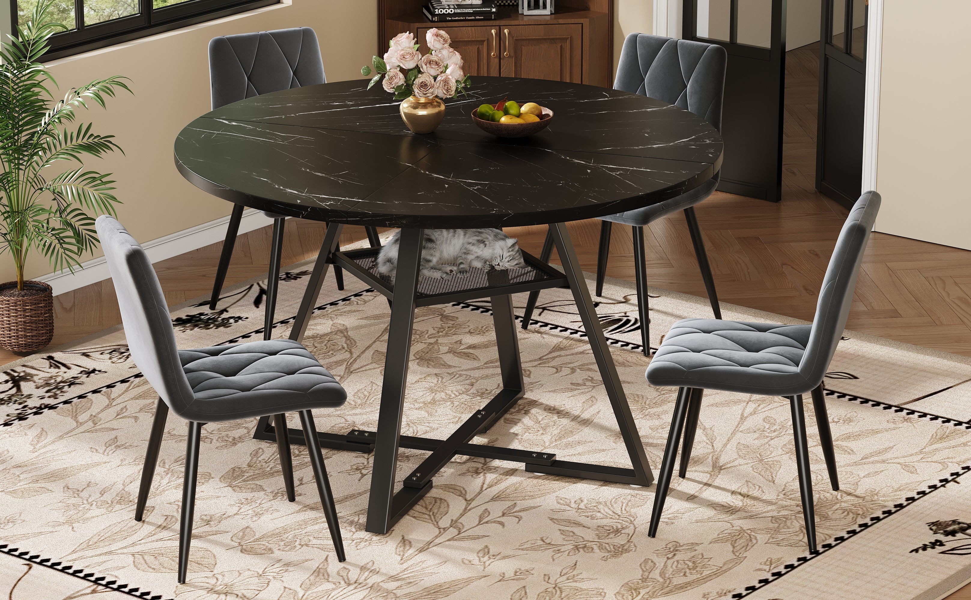 5-Piece Round Dining Table Set with 4 Chairs and Marble Pattern, Velvet Grey