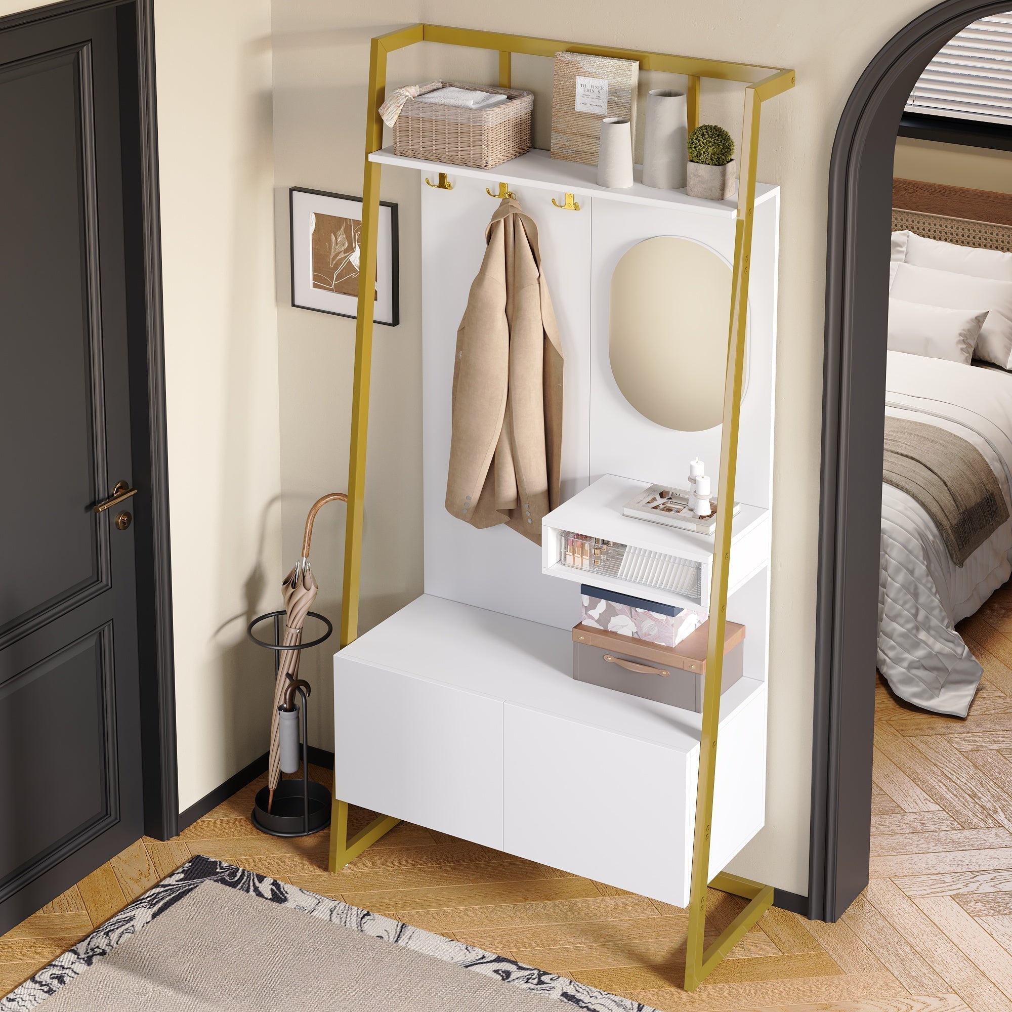 Wardrobe, Compact Multifunctional Storage with Mirror, Hooks & Shoe Bench