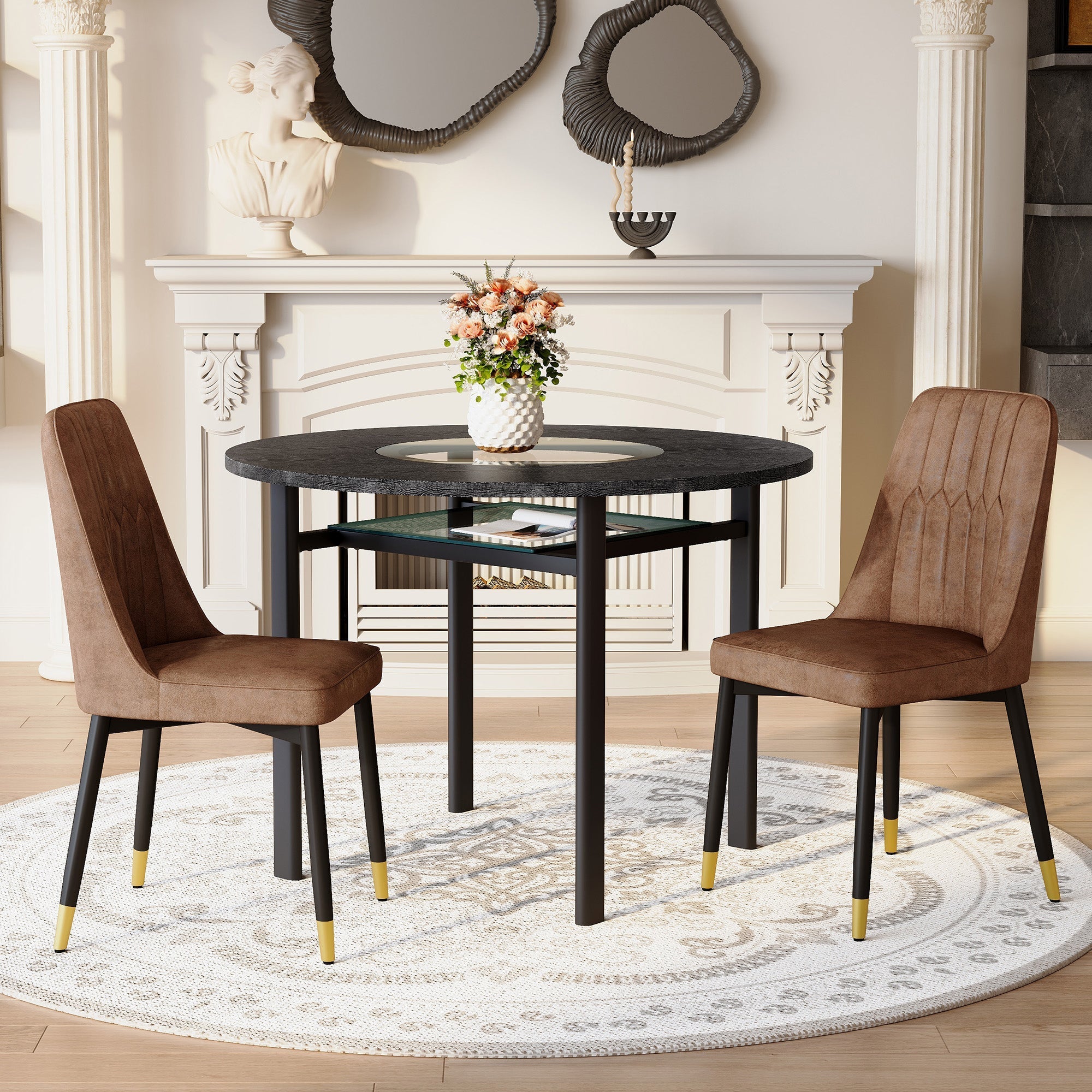 Round Table Set 100cm Minimalist 2 Armchairs Tech Fabric - Brown/Black