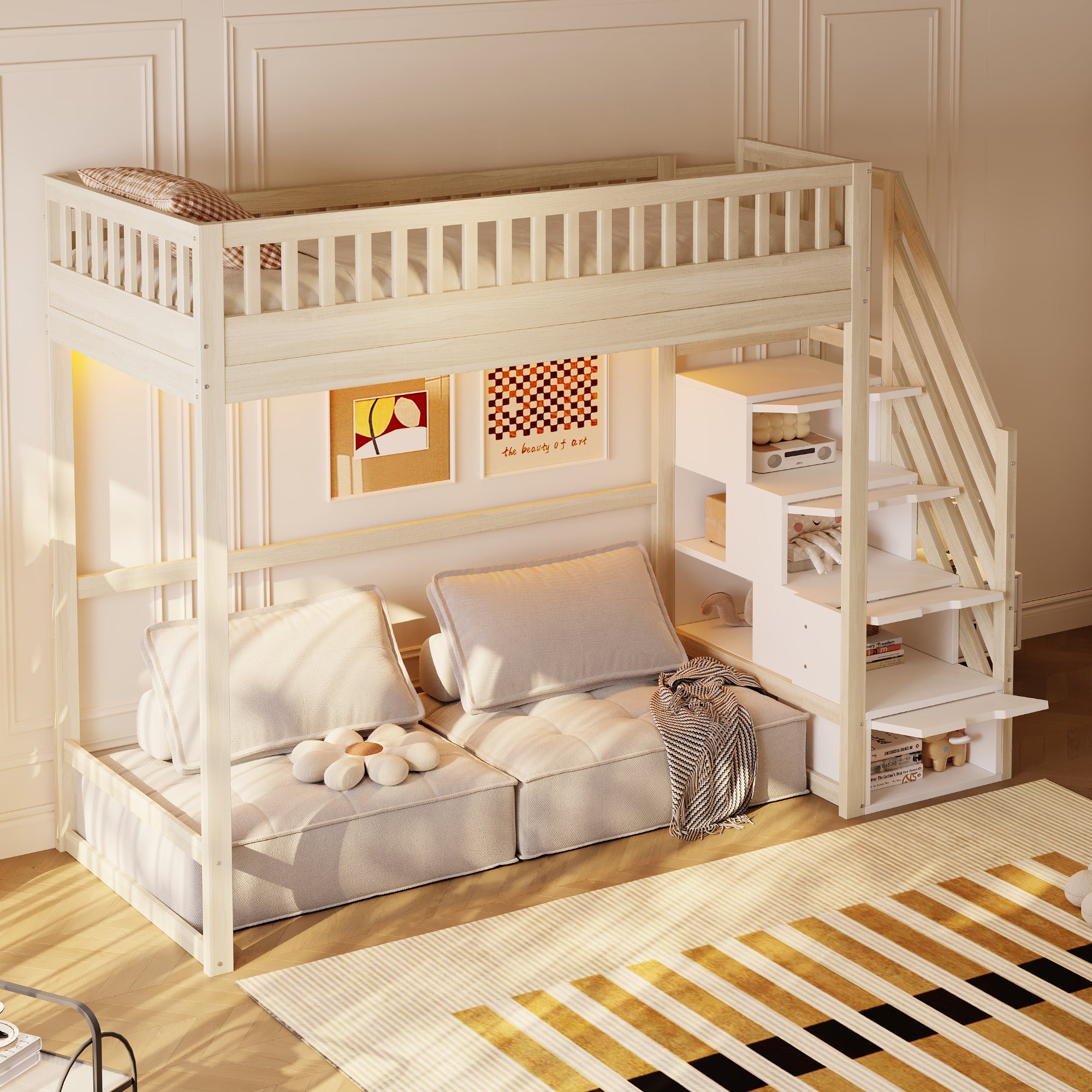 Loft Bed with Safety Railing, LED Light Strip and Interchangeable Ladder, 90x200cm, Natural Pine Wood