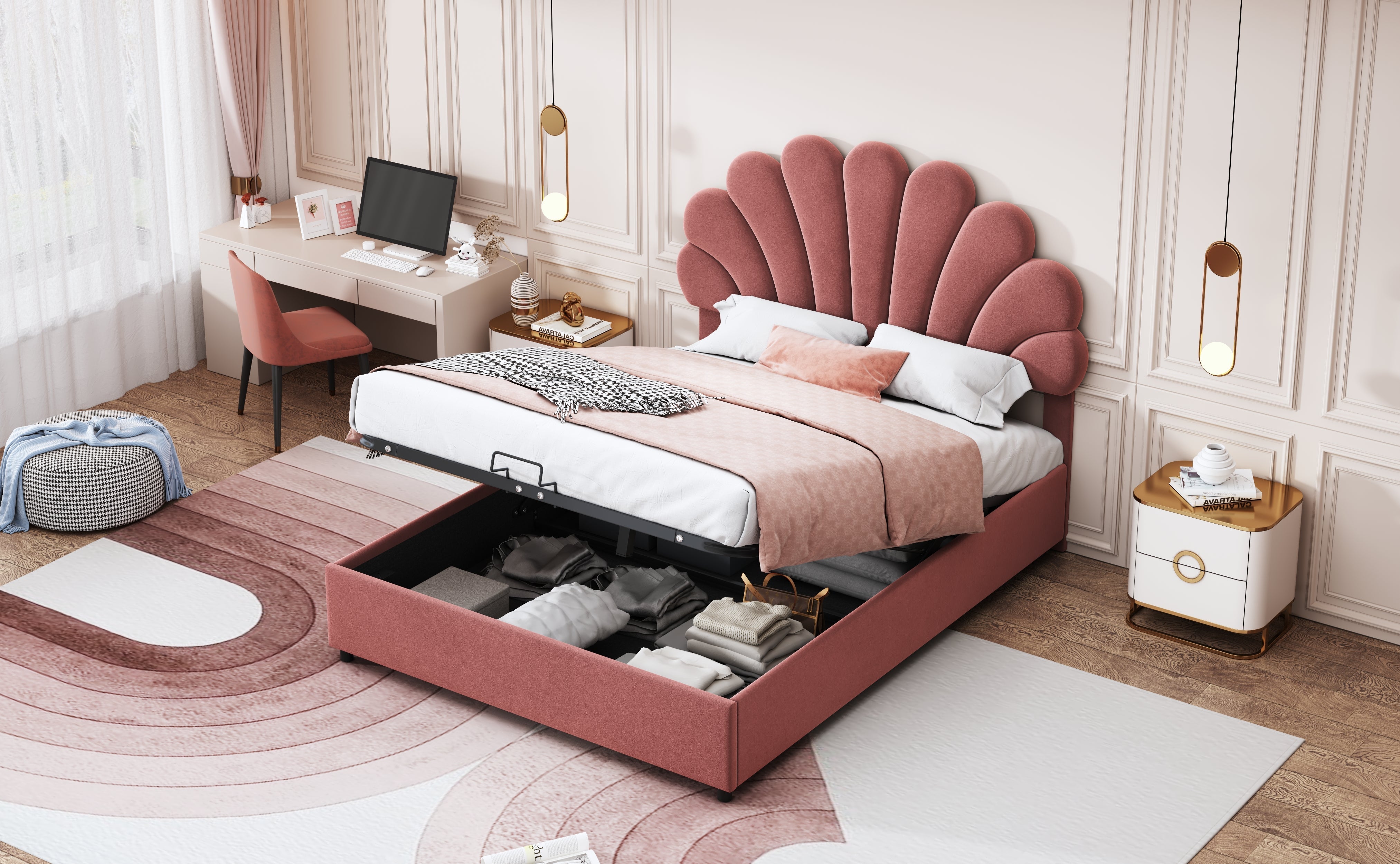 Upholstered Bed, 140x200cm, Floral Headboard, Hydraulic Storage, Pink Velvet