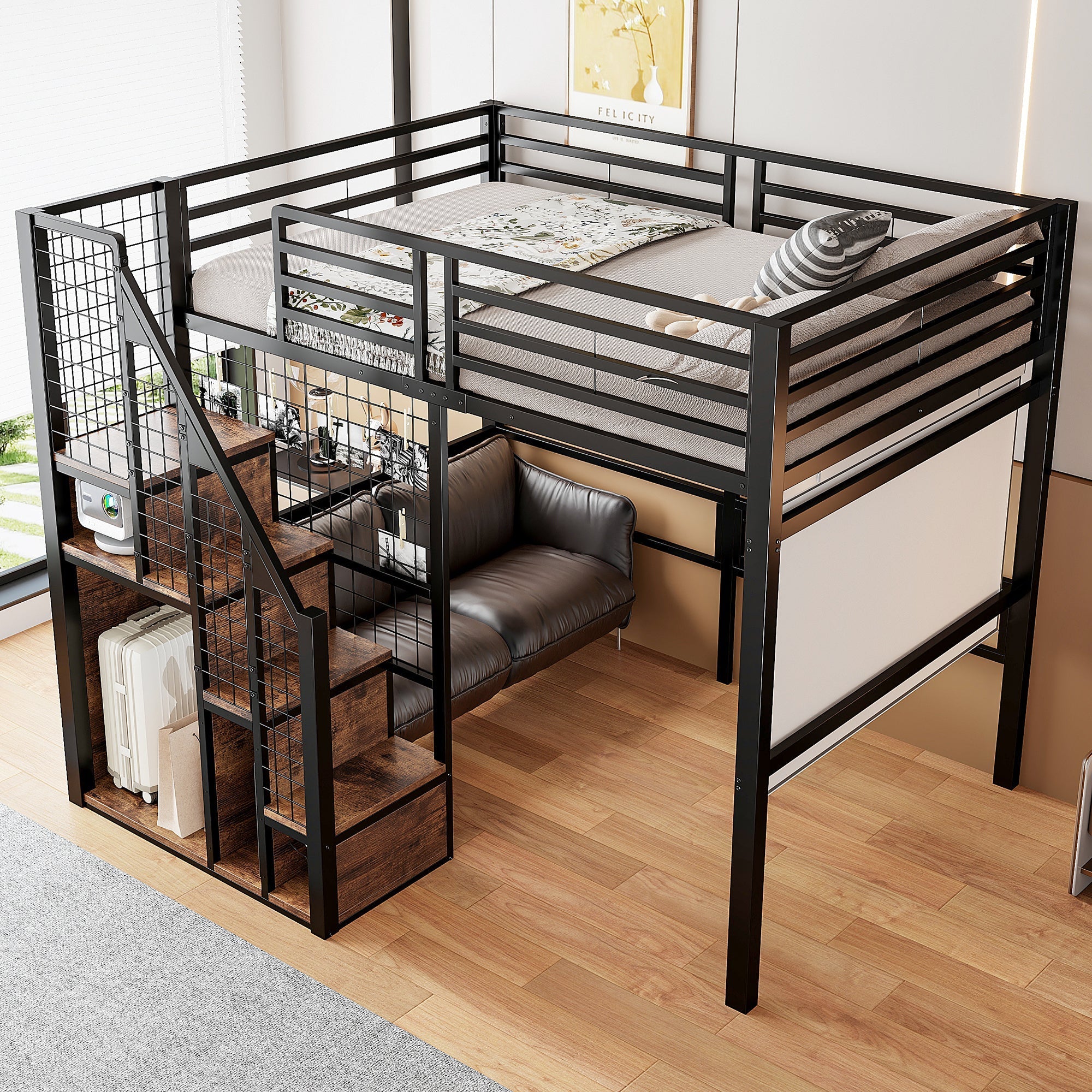 Loft Bed 140x200cm with Safety Ladder Iron Frame Storage Area - Black