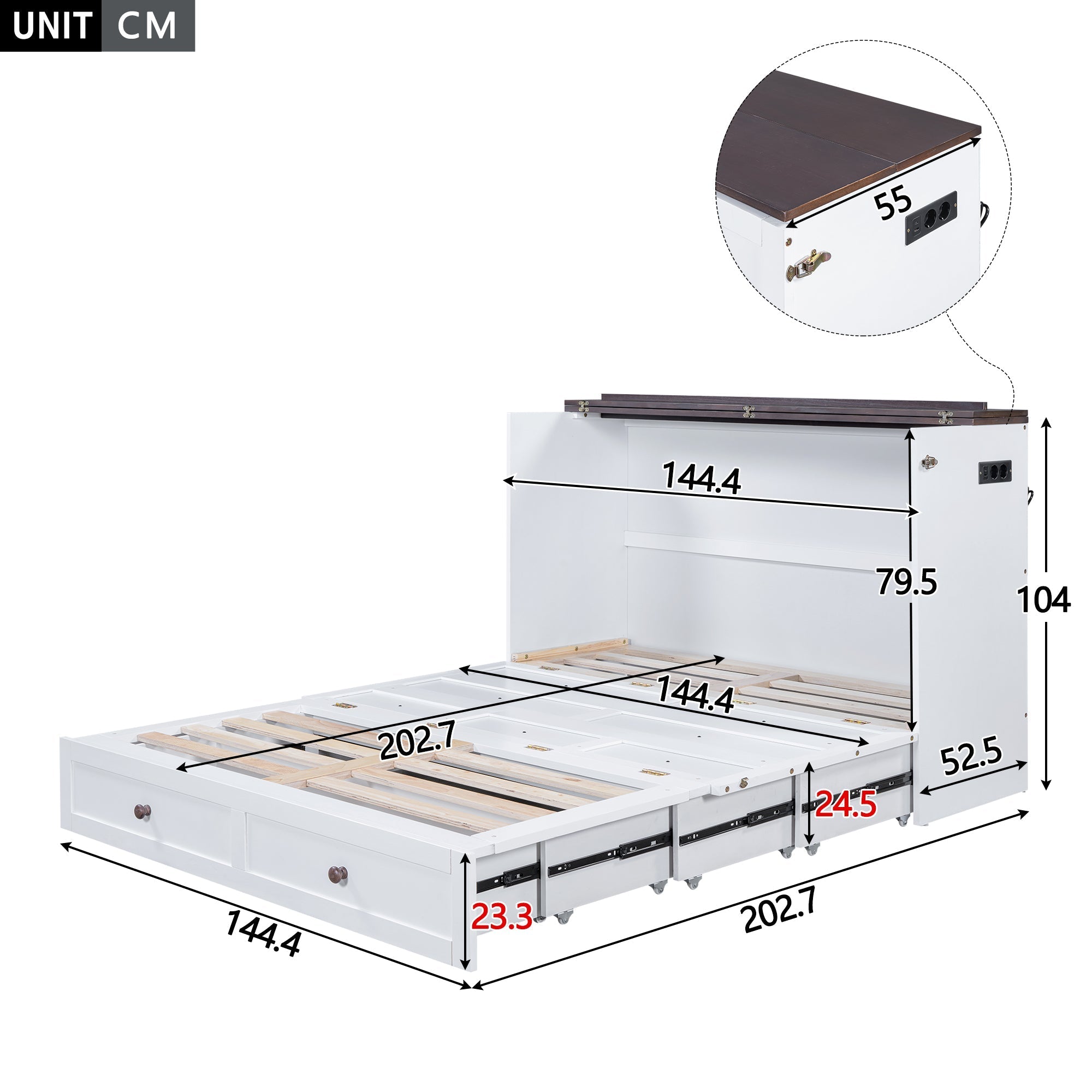 Mobile Wall Bed 140x200cm Convertible Storage Drawers Shelf USB Outlet - White