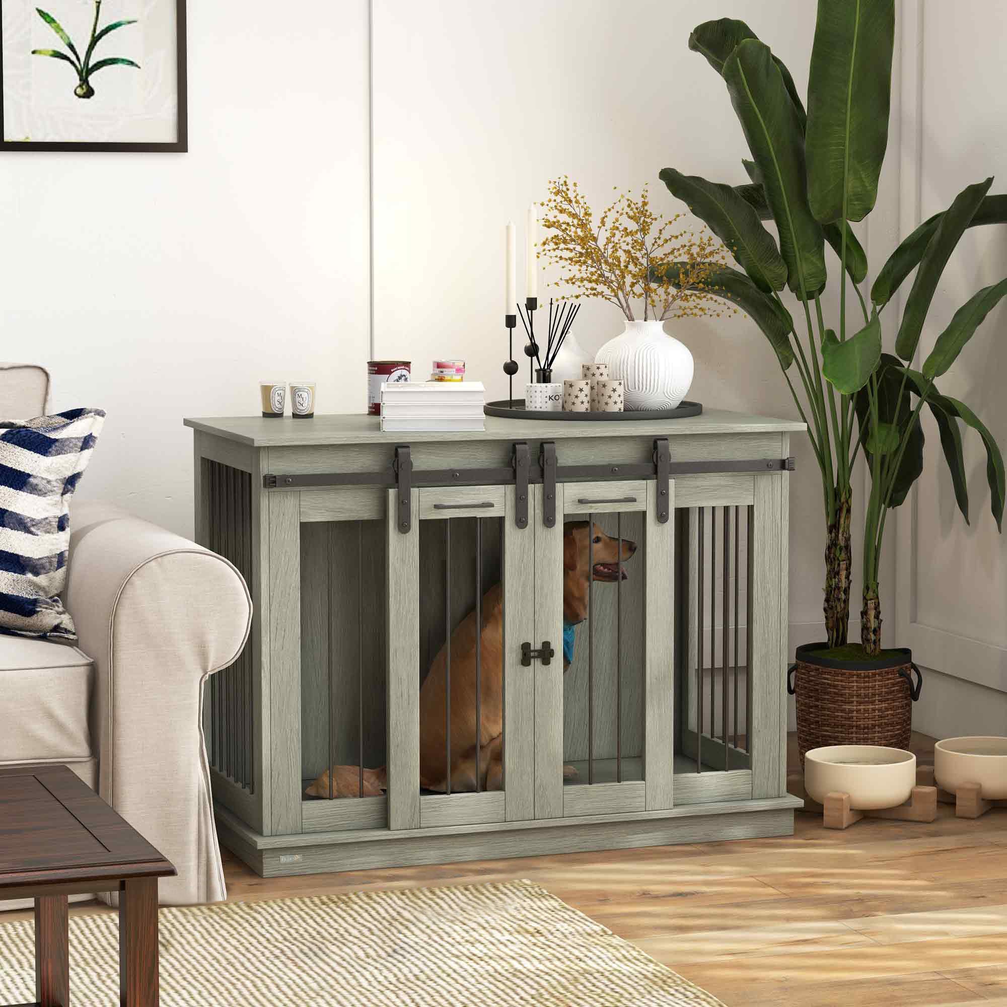 Dog Cage, Two Room Option, Double Doors, Grey
