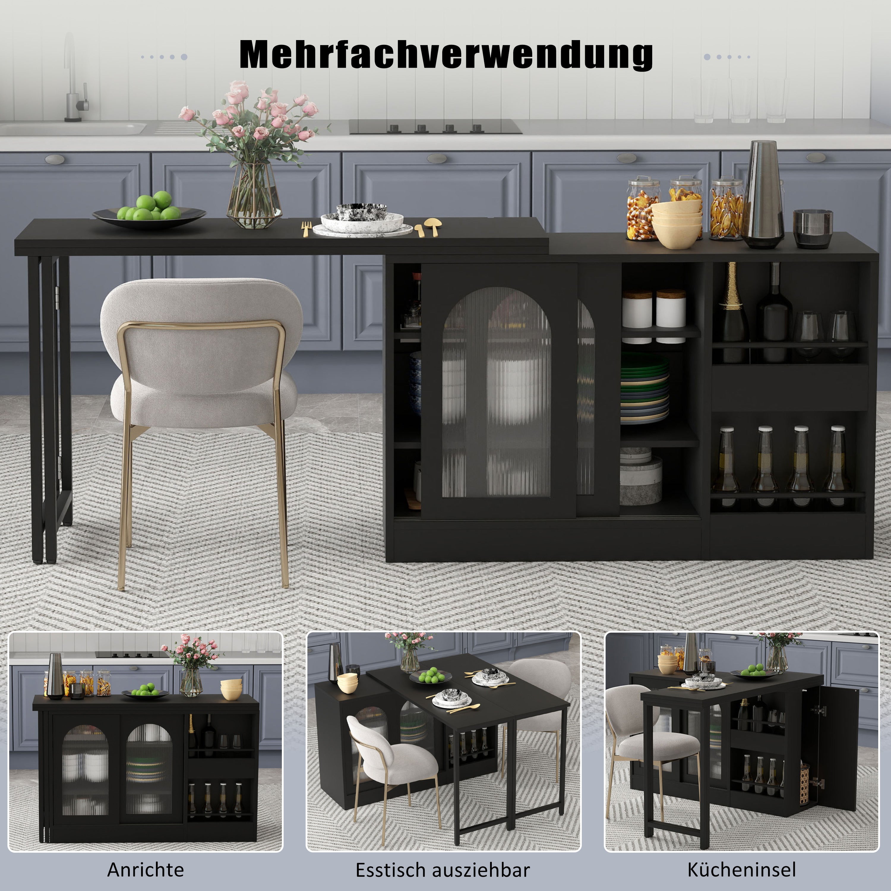 Bar Table, Extendable 360° Rotating with Storage & Glass Cabinet, Black