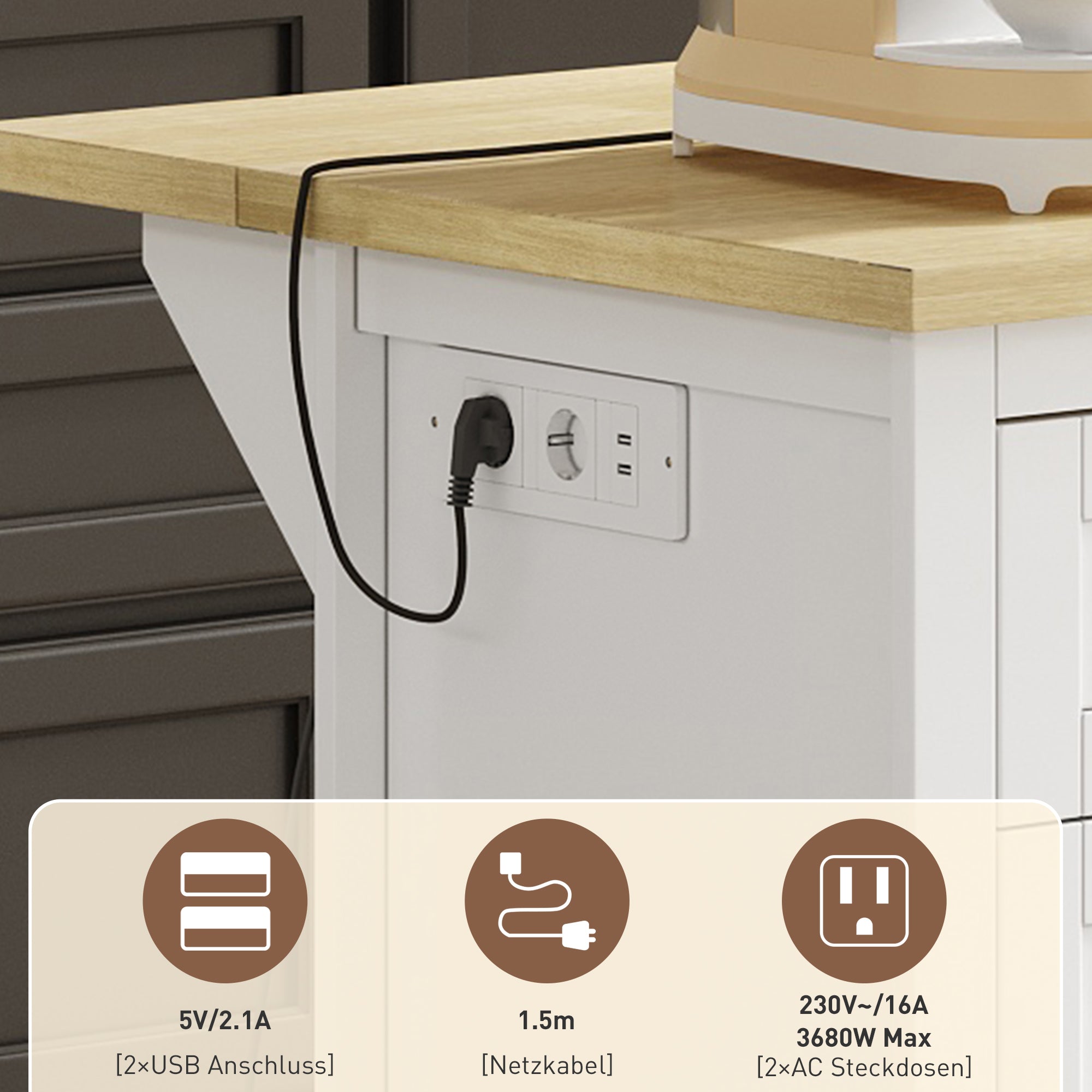 Sideboard/Kitchen Island/Bar Cabinet 5 Drawers 2 Shelves Extension Panel Sockets, White