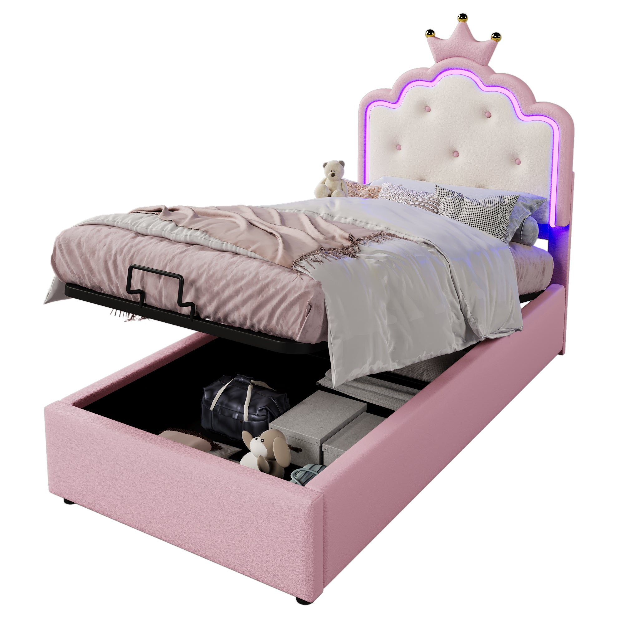 Upholstered Bed 90x200cm Princess Hydraulic Storage Ambient LED Lighting Pink PU
