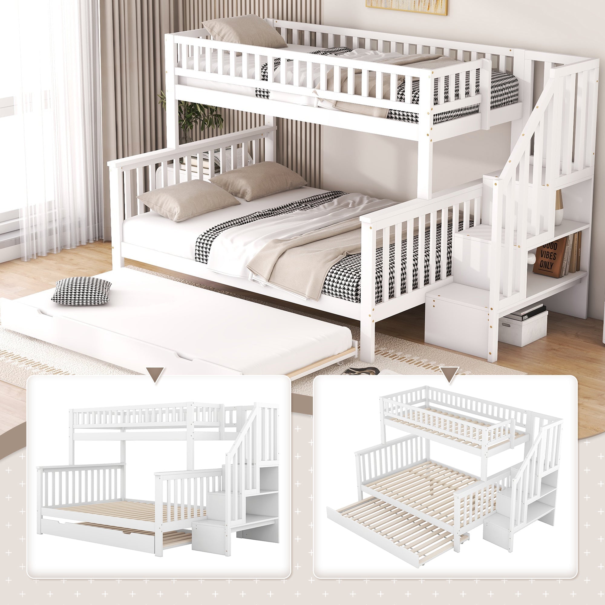 Bunk Bed 90x200cm/140x200cm with Stairs & Rolling Container, Pine Wood White