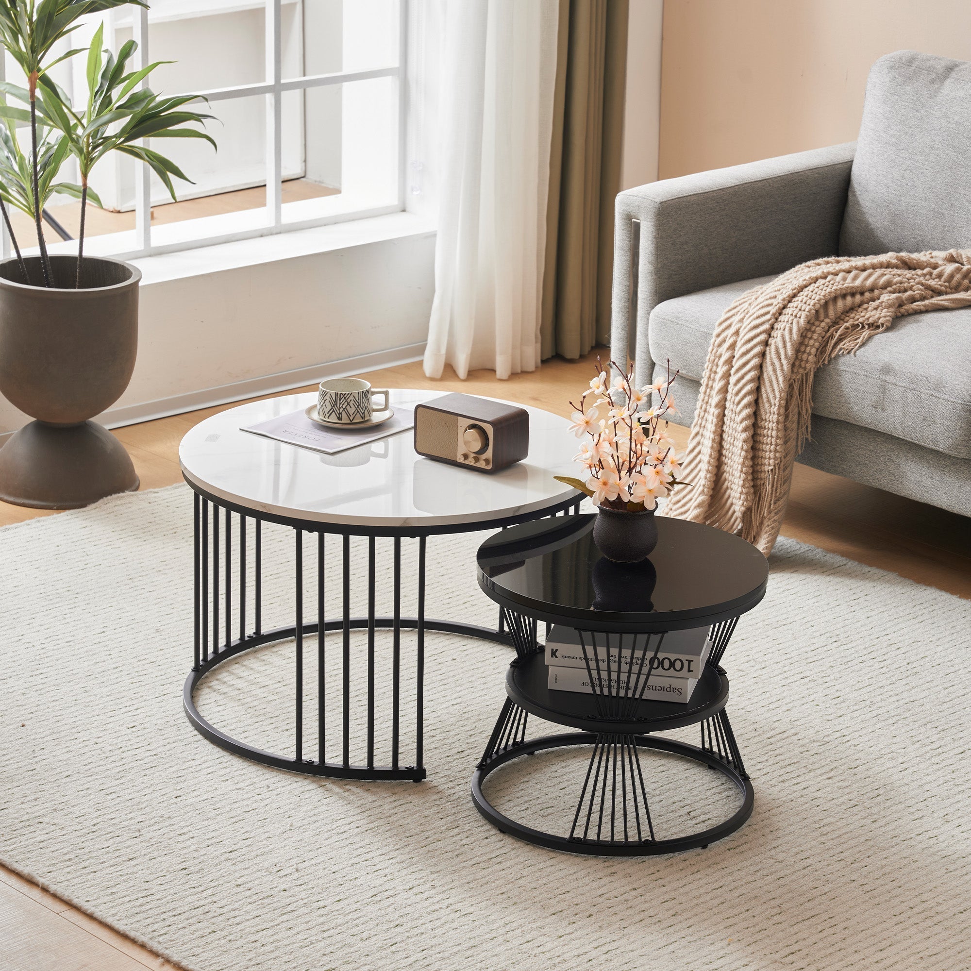 Modern Nesting Coffee Table, High Gloss Marbled, Set of 2, Black Frame