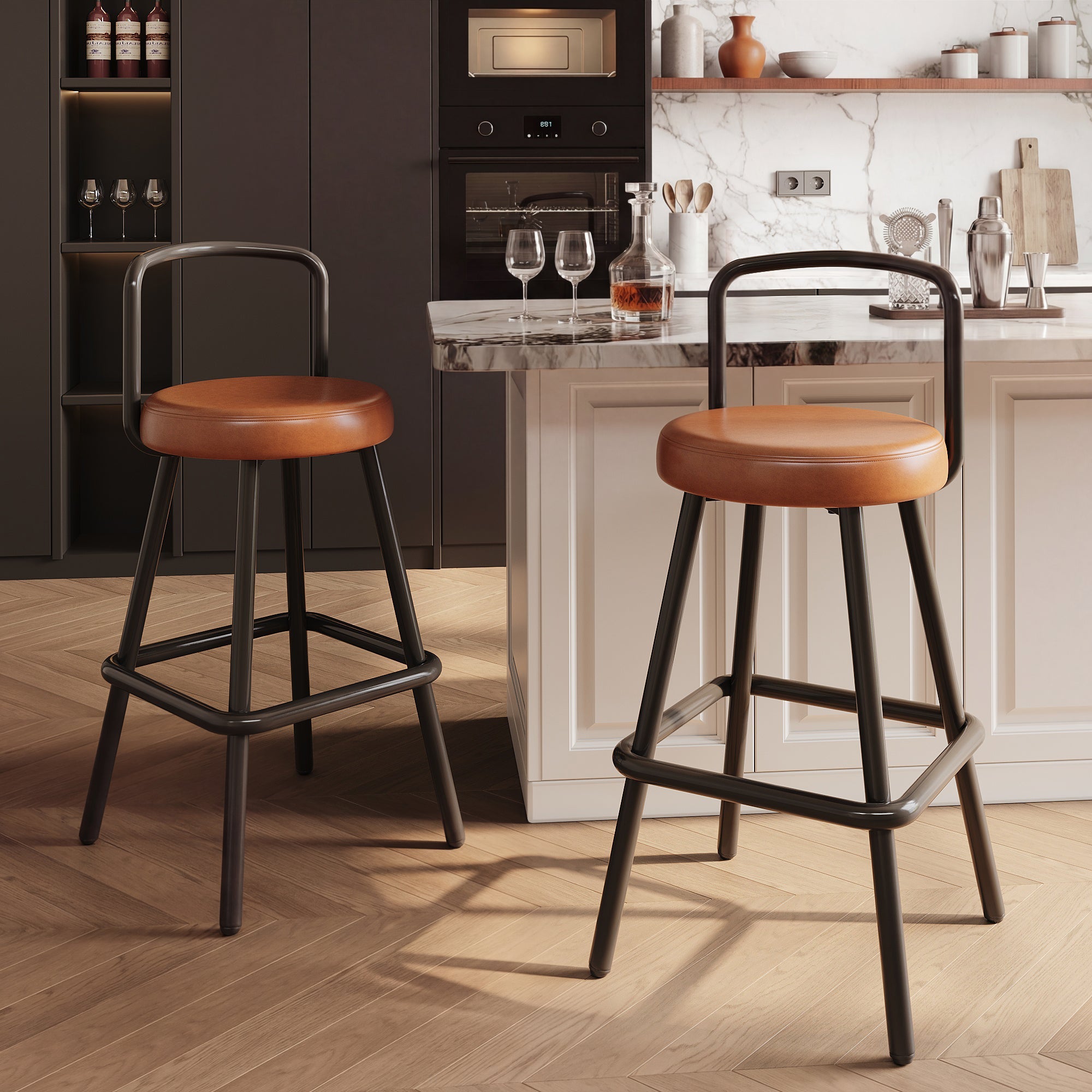Modern Bar Stools Set of 2 with Ergonomic Backrest and Footrest, PU Leather and Iron, Brown