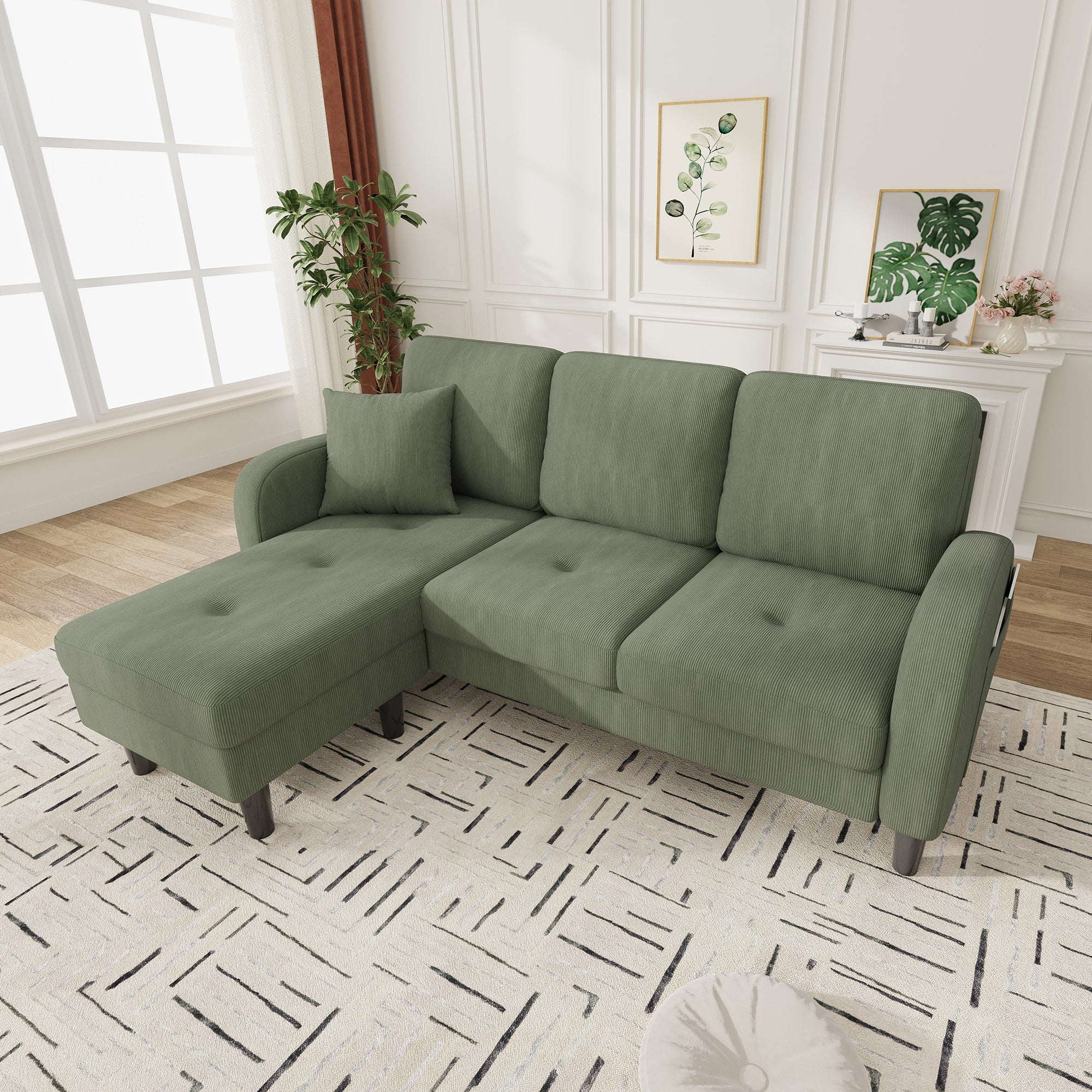 L-shaped Corner Sofa with Chaise Longue, 3-Seater Modular Design, Corduroy Fabric