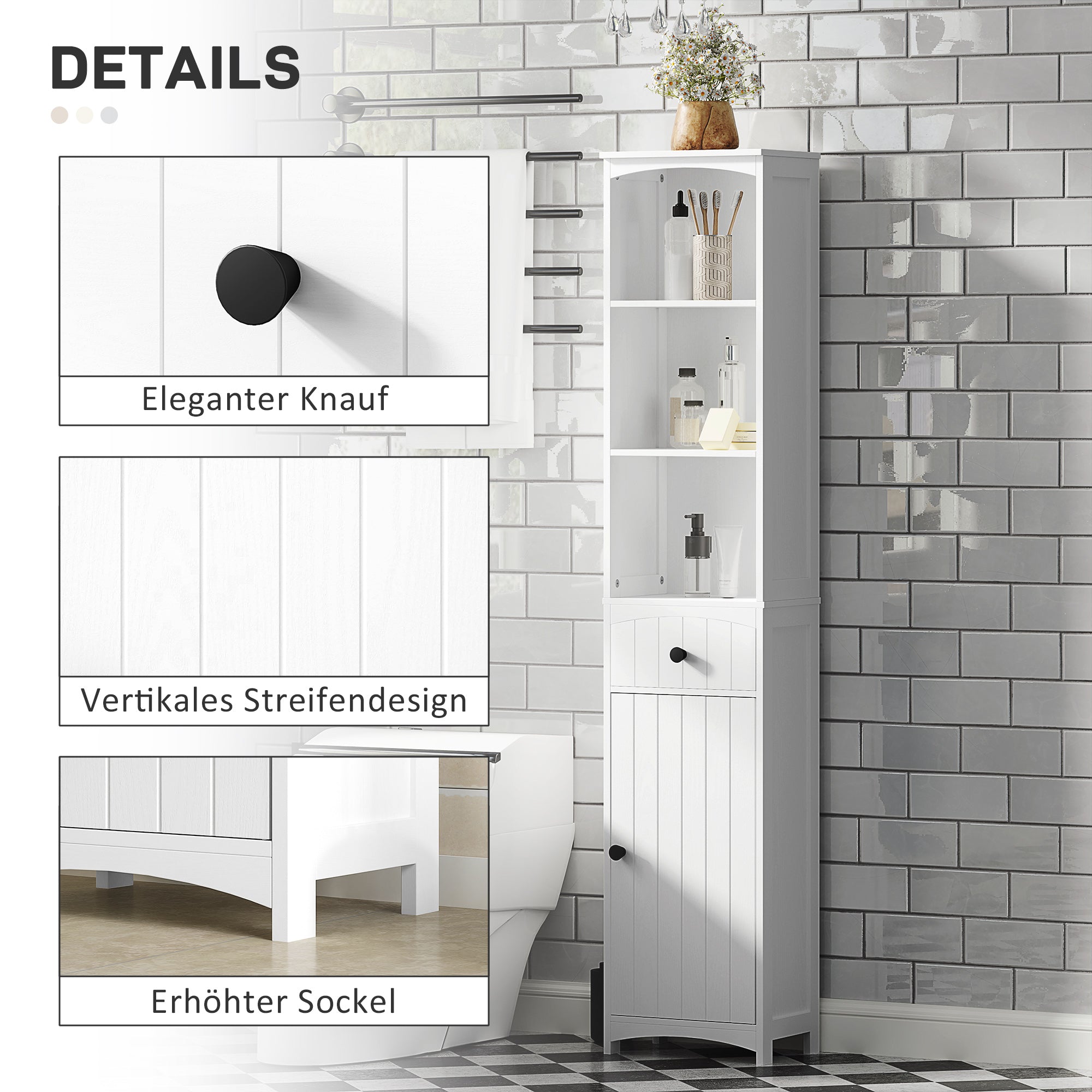 Badezimmerschrank, hoch mit 3 Ablagen, 1 Schublade, weiß
