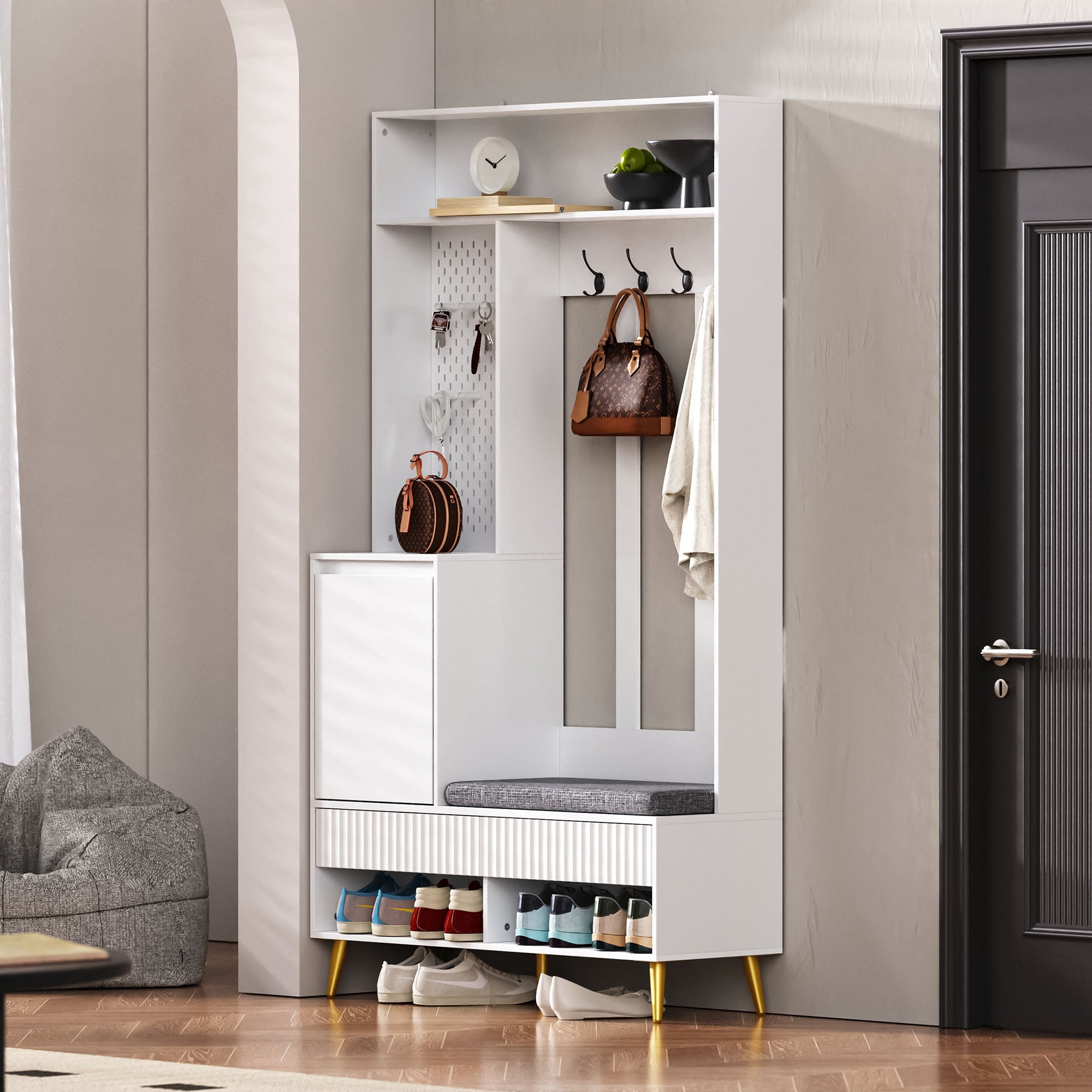 Wardrobe set, hallway with shoe bench, 4 coat hooks, two drawers and 1 door, white