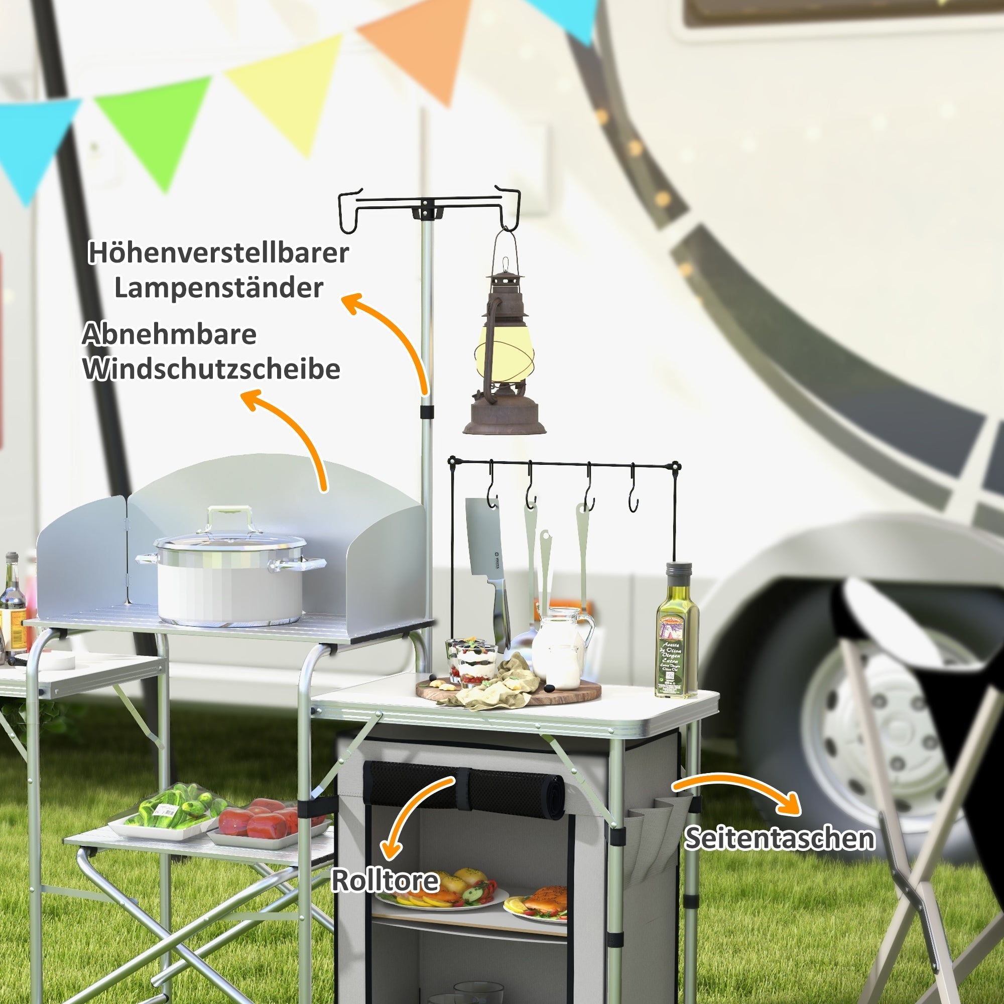 Folding Camping Kitchen, UV & Wind Protection, 3 Worktops, Aluminum