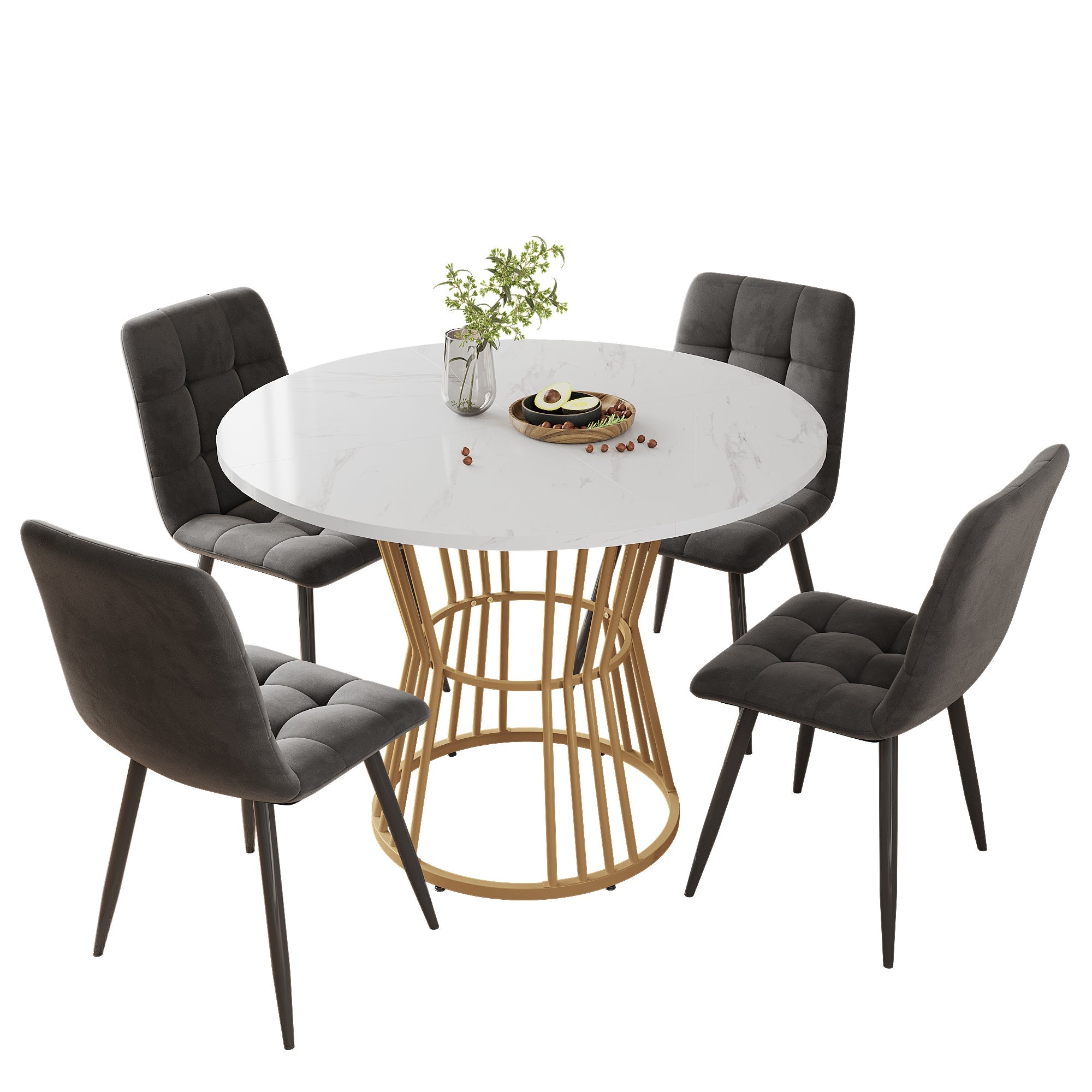 5-Piece Dining Set Round 100cm Gold Metal Legs White MDF Dark Grey Velvet