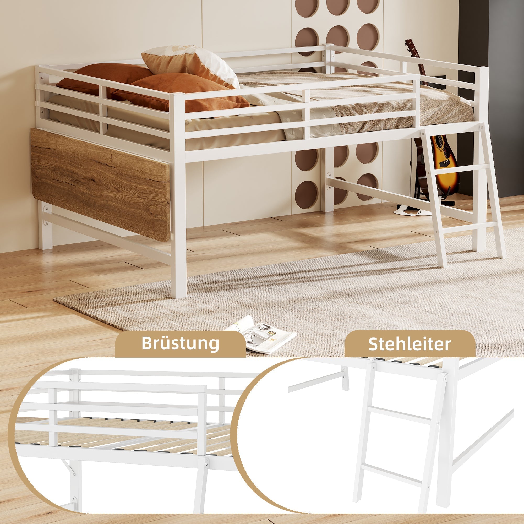 Flatbed Metal Bed 140x200cm Desk Ladder Railing Remote LED Strip White