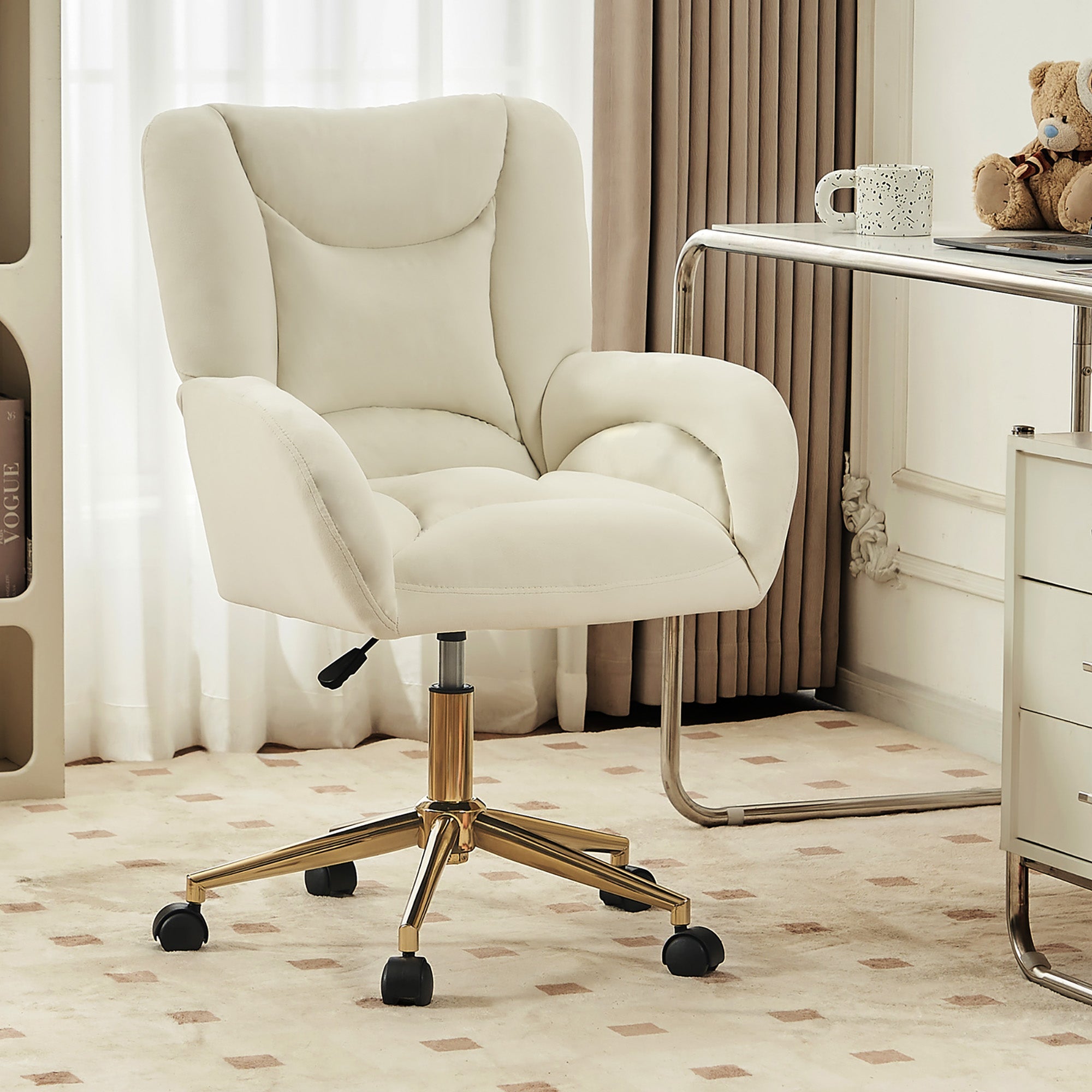 005 Swivel Chair, Full KD, Height Adjustable, Home Office, Velvet Fabric, Ivory