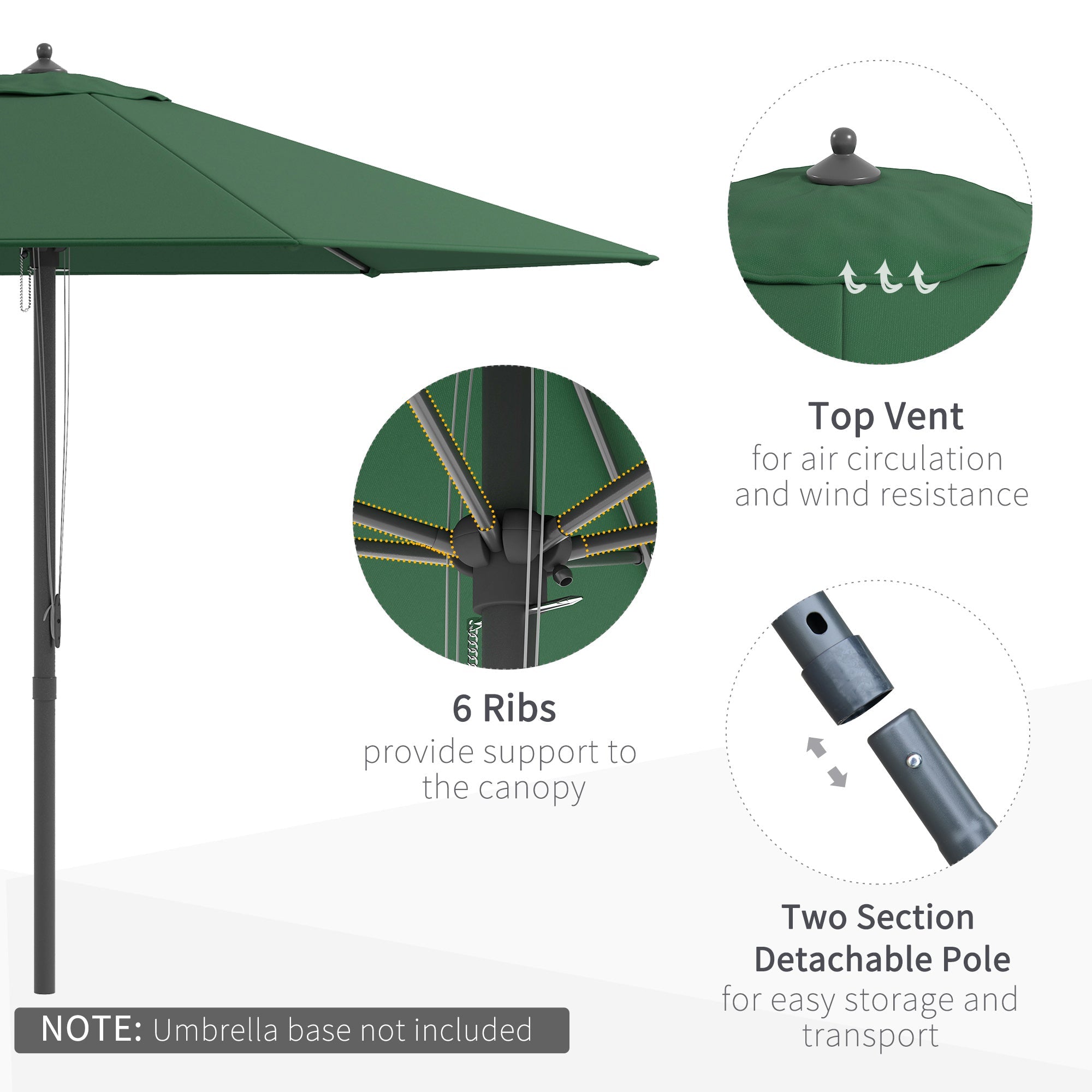 Garden Parasol Umbrella, 2.8m Round Market Sun Shade Canopy, Green