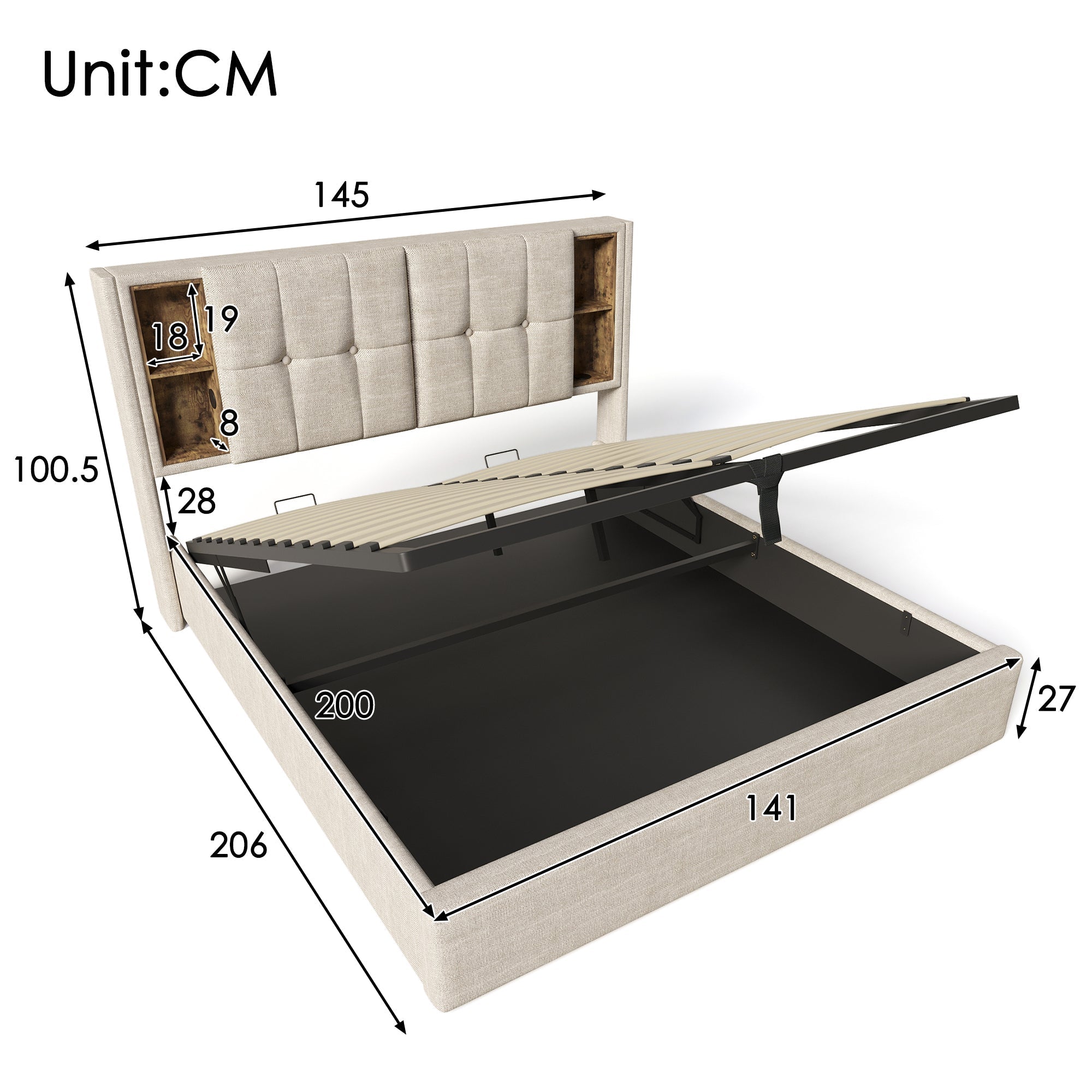 Double Bed Upholstered Frame 140x200cm, Wireless Charging USB C, Storage, Linen