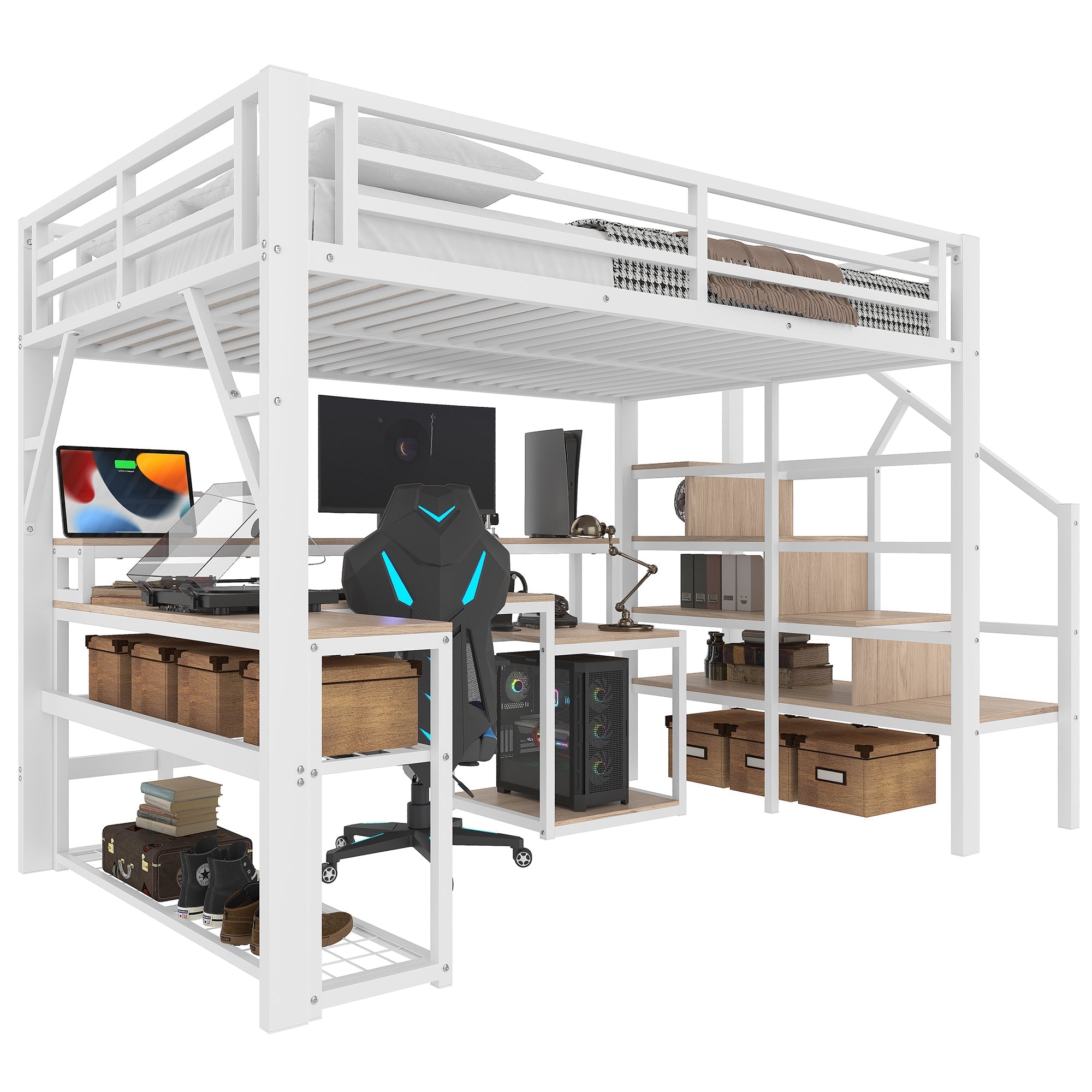Loft Bed with Desk, LED Lighting and Storage Staircase, 140 x 200 cm, White