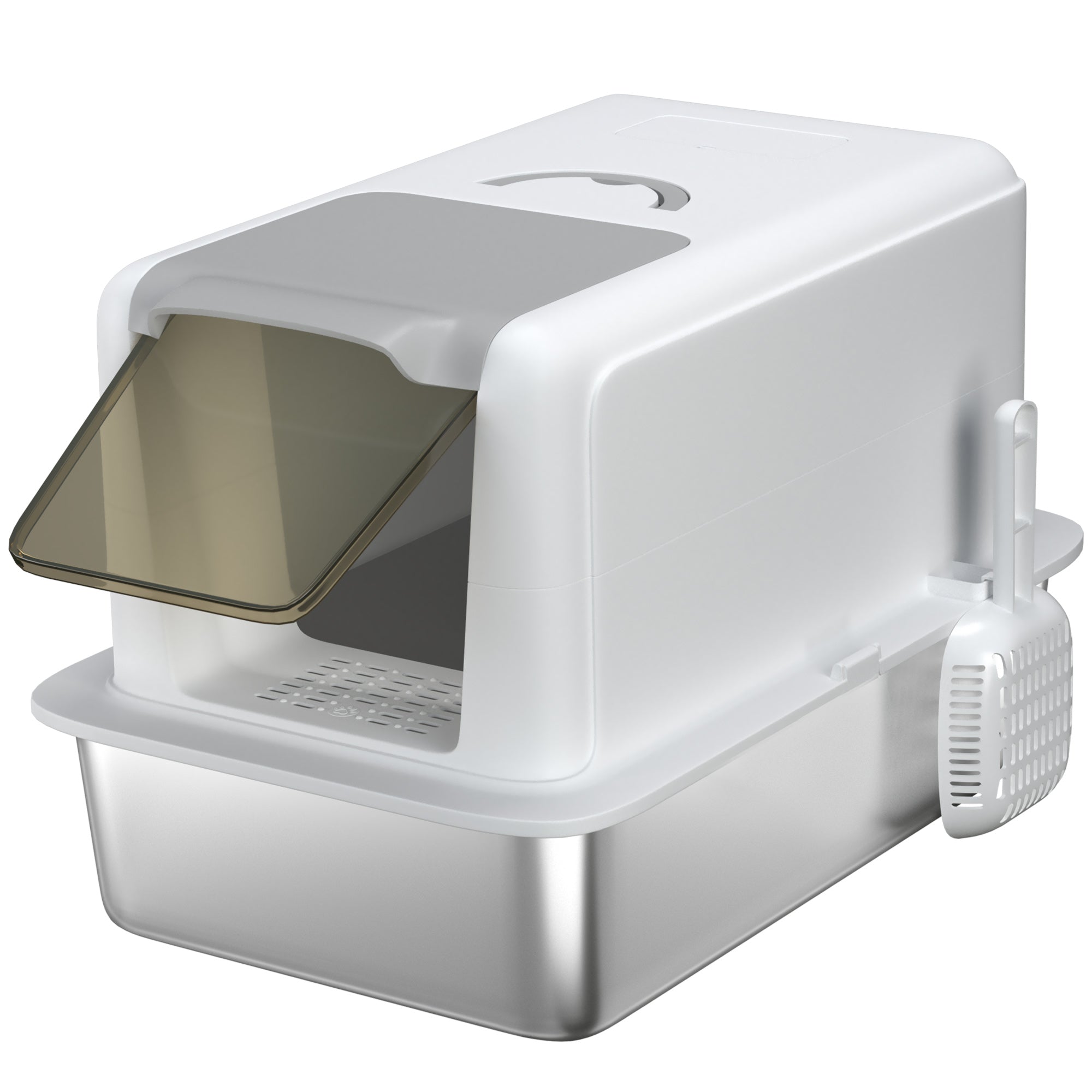 Cat Litter Box with Lid, Built-in Filter, Stainless Steel, White