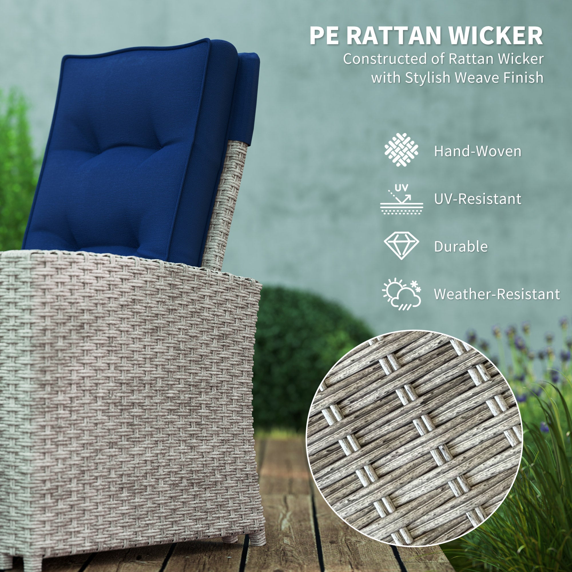 4 Piece Rattan Garden Furniture Set with Glass Top Table, Navy Blue