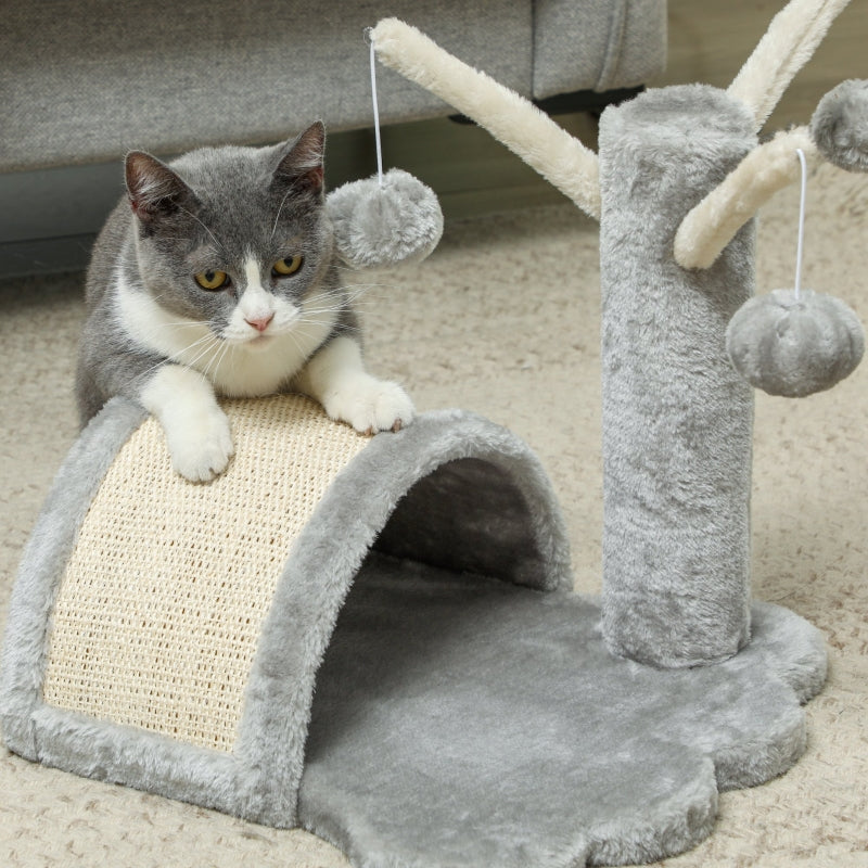 Katzenbaum, kleiner Turm mit Höhle, 2 Spielbälle, Kratzmatte, Hellgrau