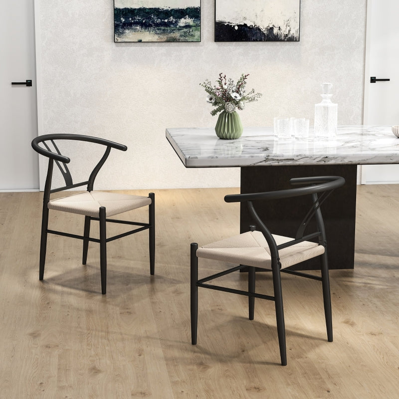 Set of Two Dining Chairs with Y-Shaped Backrest, Black/Beige Hemp