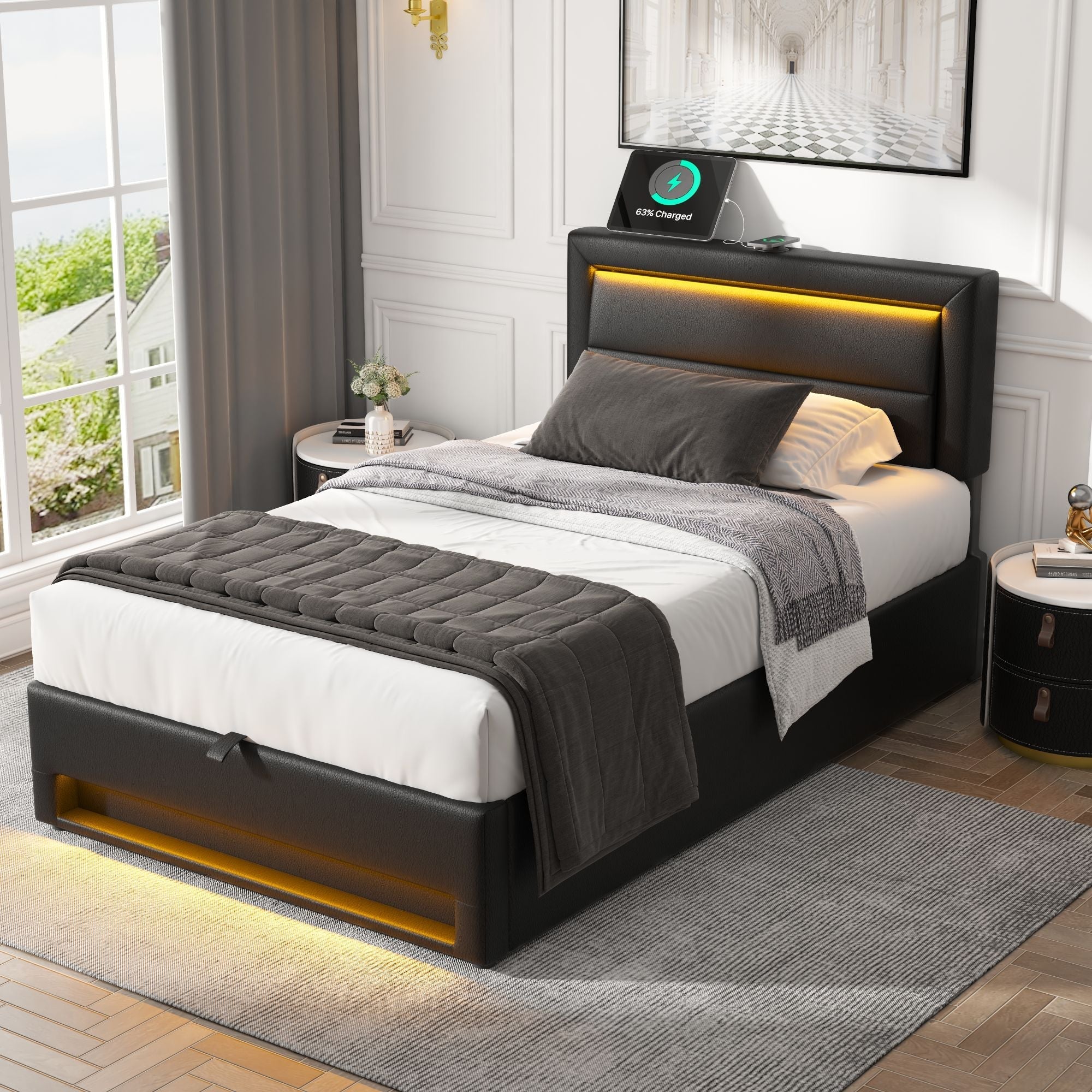 Upholstered Bed 90 x 190 cm with USB Charging, LED Lighting and Storage, Black PU Leather