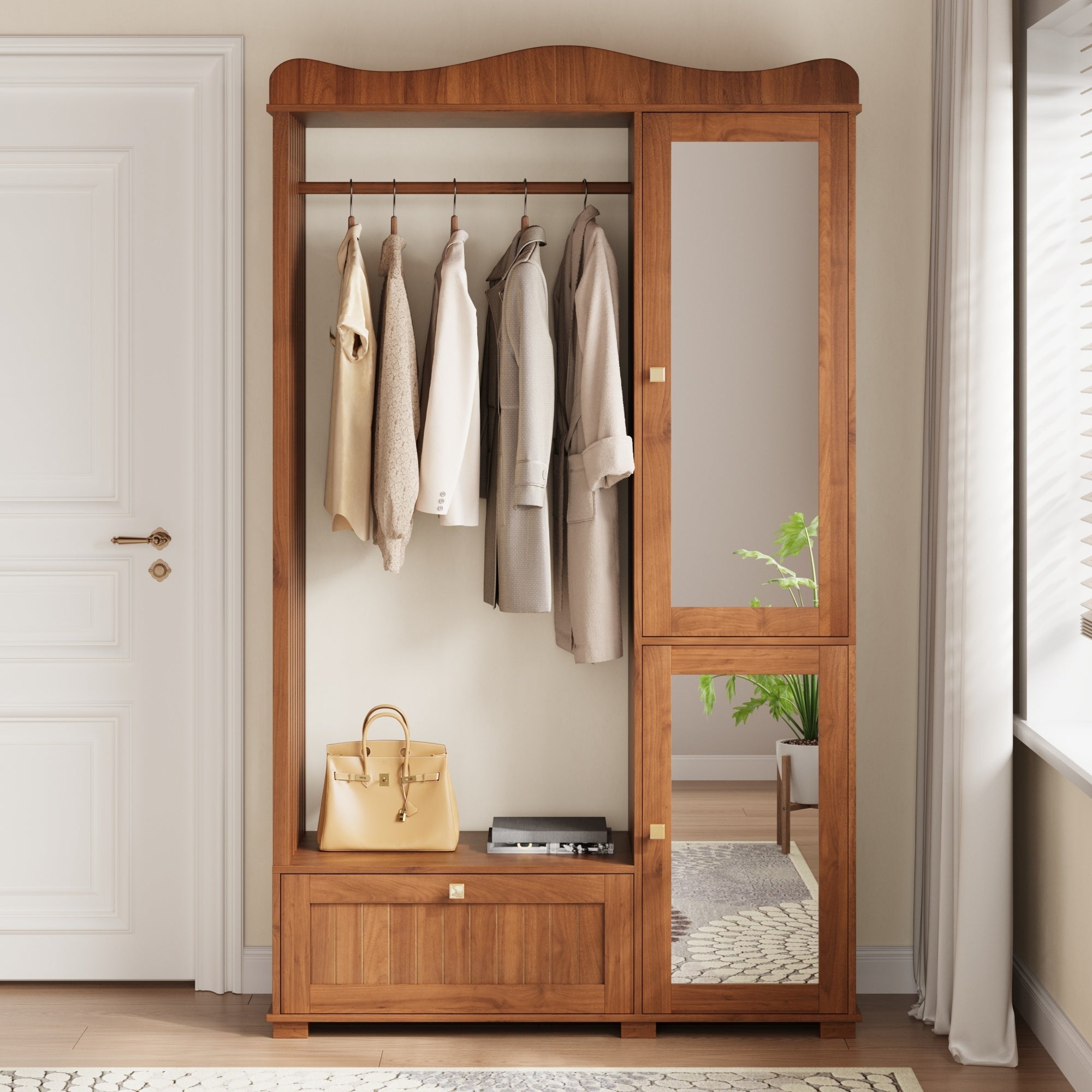 Wardrobe with Mirror and Open Clothes Rack, Drawer and 2 Doors, Natural Wood and Glass