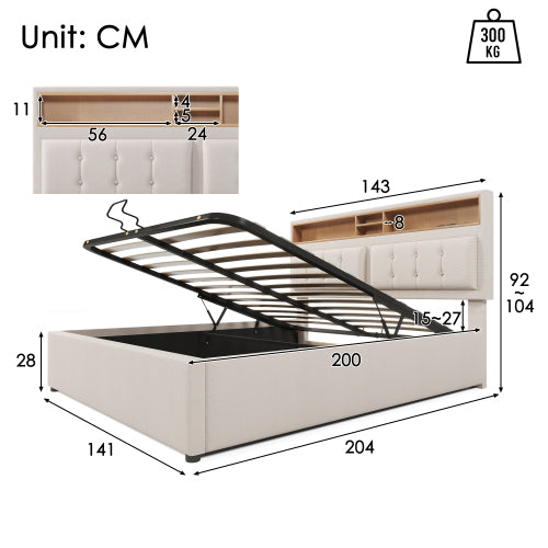 Upholstered Bed 140x200 Storage, USB Charging, Bed Bench - Linen Look