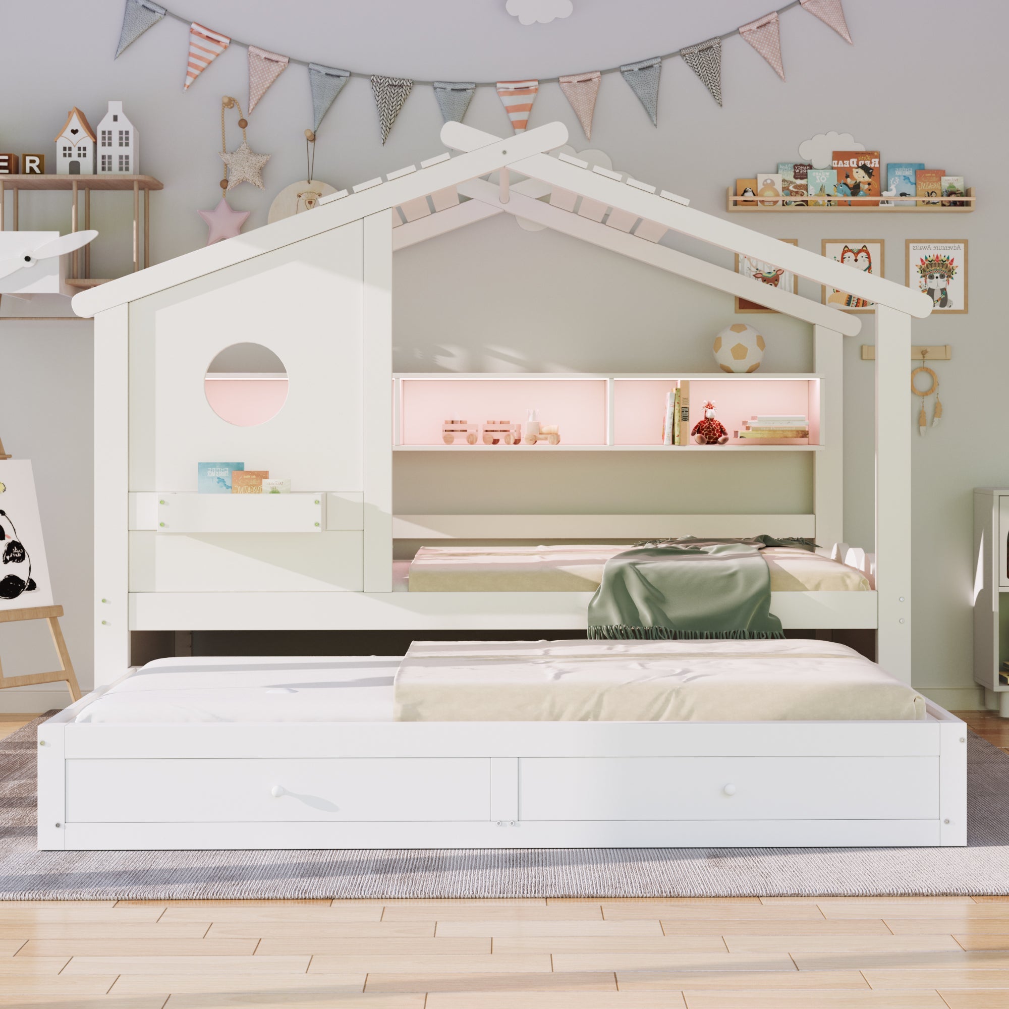 Multifunctional Children's Bed with House Design, Pull-out Bed, Drawers, Shelves, USB and LED, 90x200cm, White