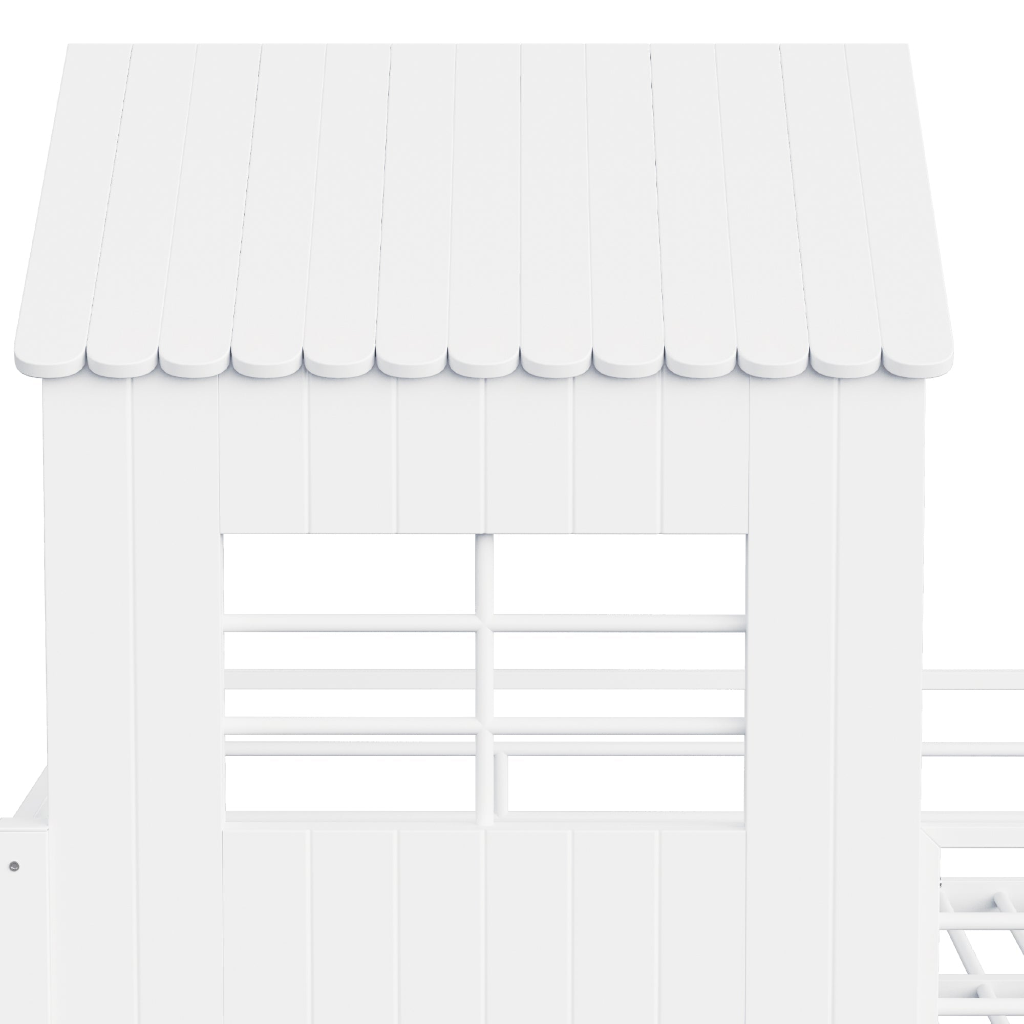 Iron Loft Bed with House Design, Storage Shelf and Safety Stairs, 90x200cm, White