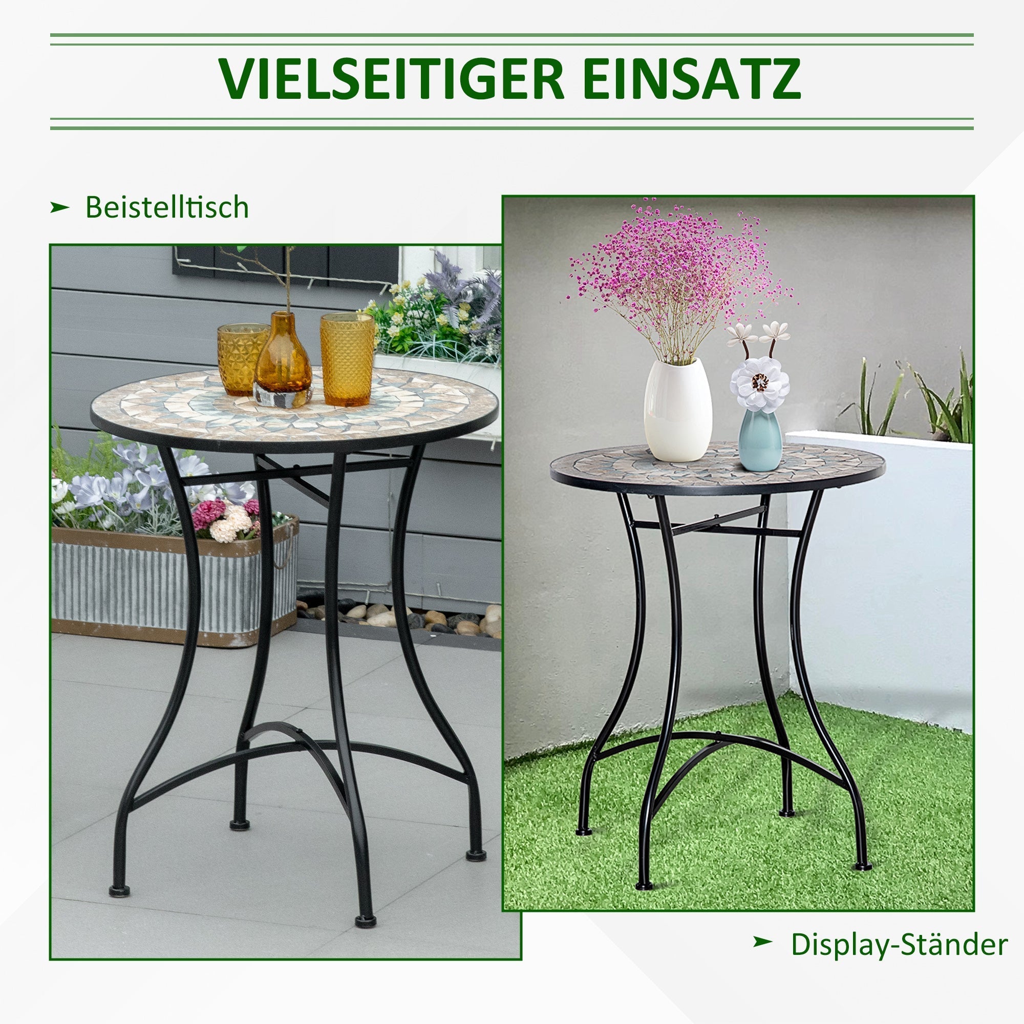 Garden Table, Round Bistro Mosaic Top Ø60cm, Ceramic Green/Beige/White