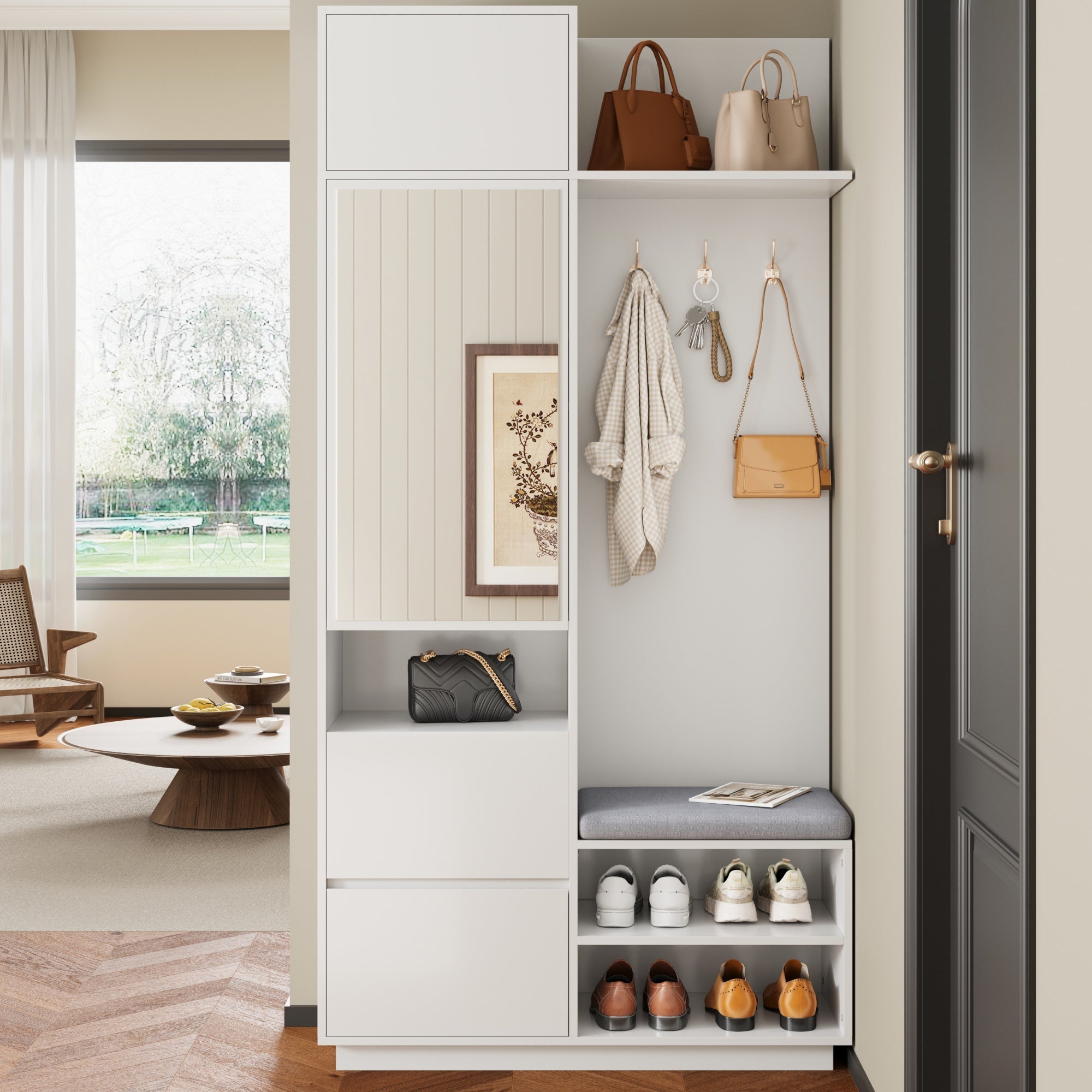 Compact Wardrobe with Mirror, Bench & Shoe Cabinet, White MDF