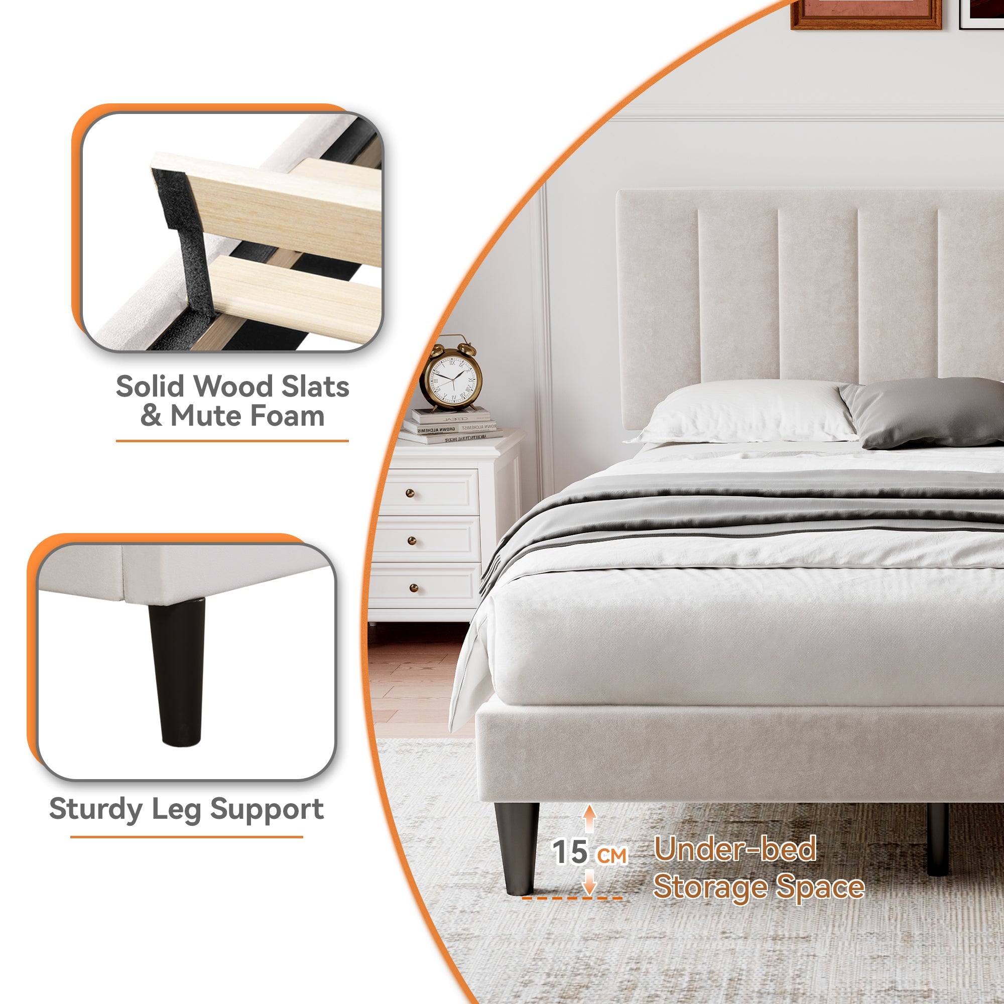 4ft6 Double Upholstered Velvet Bed Frame, Adjustable Channel Tufted Headboard, Solid Wood Slat, Mute Foam, Beige