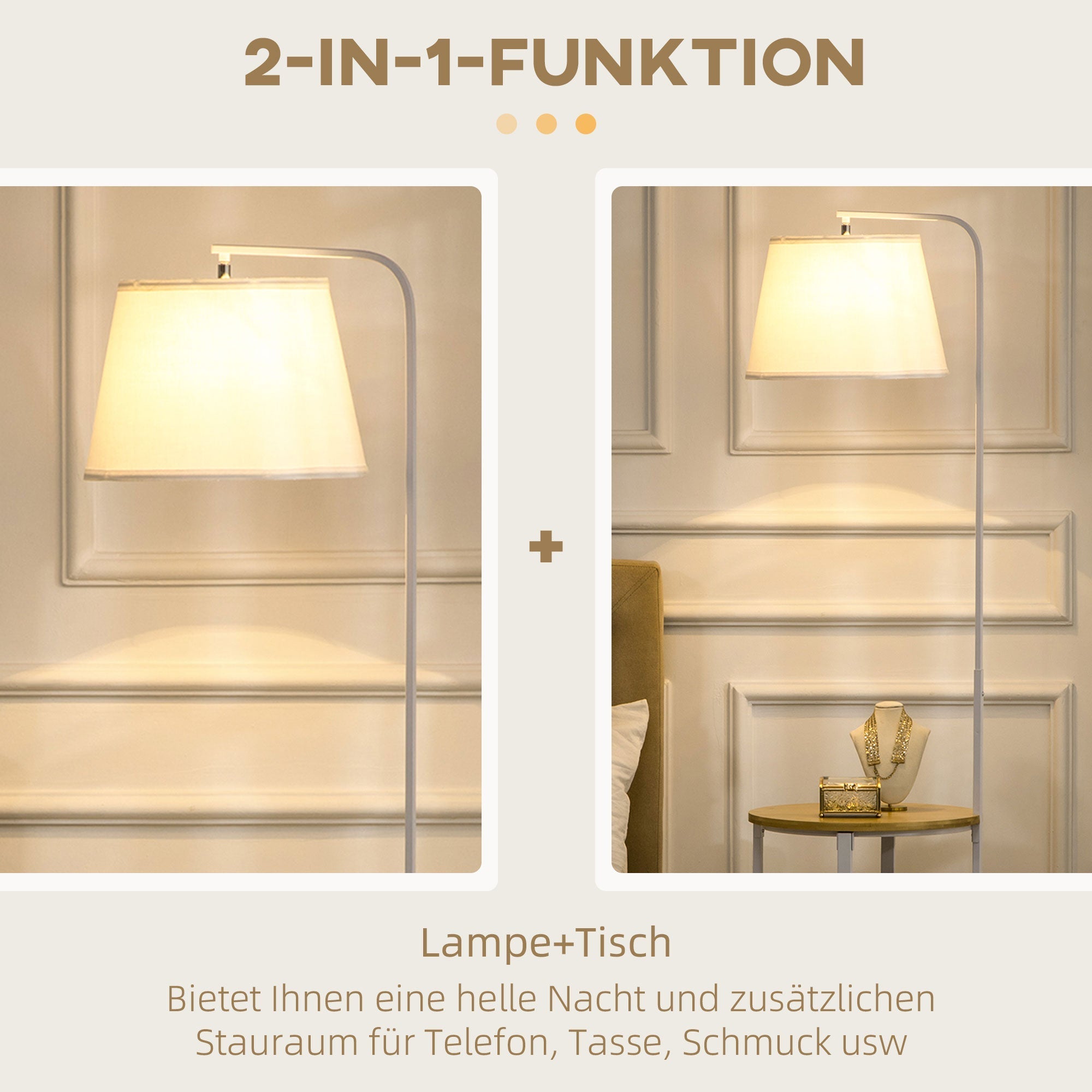 Floor Lamp 162cm Standing with 2 Shelves Linen Lampshade, White Metal