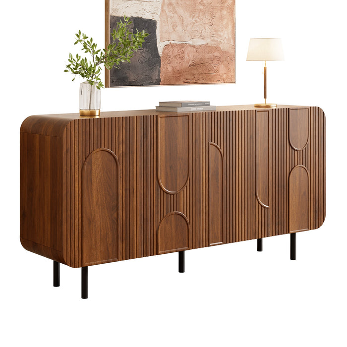 Mid-Century Sideboard with 4 Doors and 8 Compartments, Walnut Finish Wood and Metal