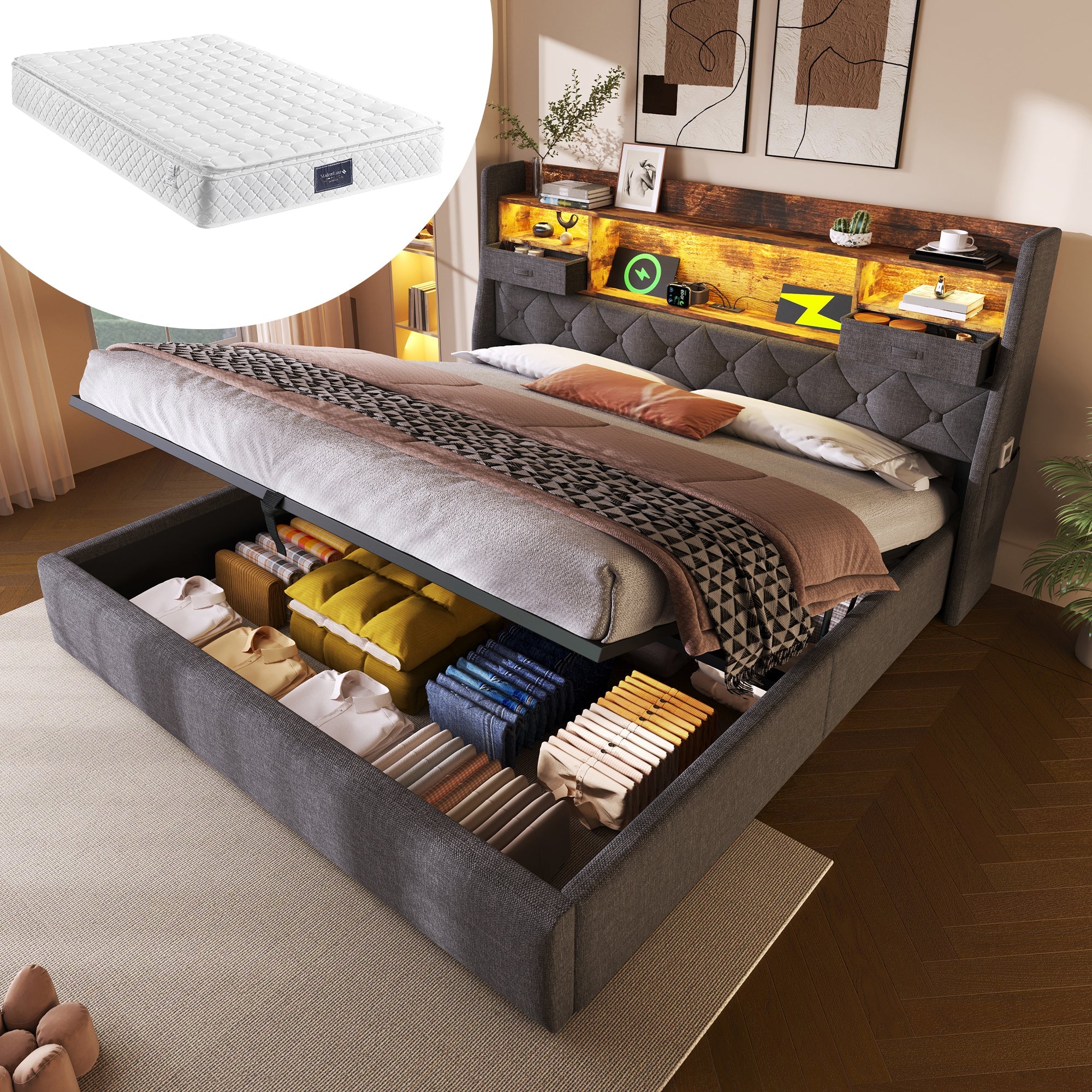 Upholstered Bed 140x200cm Hydraulic Storage LED Headboard USB/Type-C Charging Grey Linen Fabric