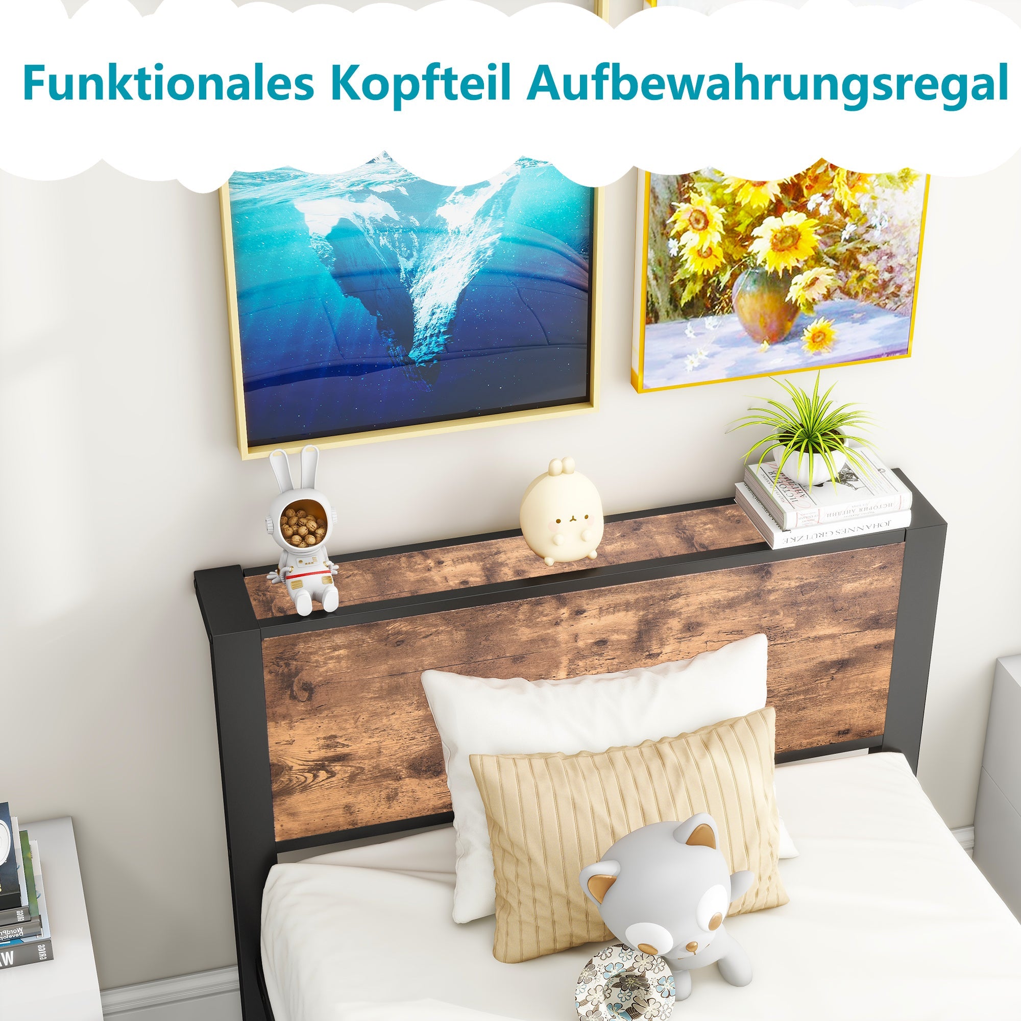 Metal Frame Single Bed, 90x200 cm with Storage Space, Vintage Brown